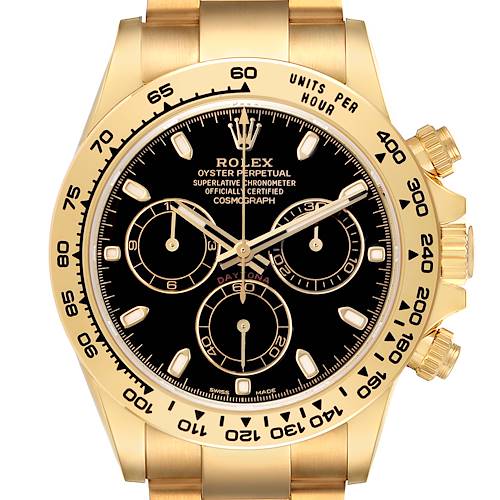 The Rolex Daytona 116508 Men's Yellow Gold Black Dial watch is shown from a front angle, highlighting its black dial, subdials, and gold bezel.