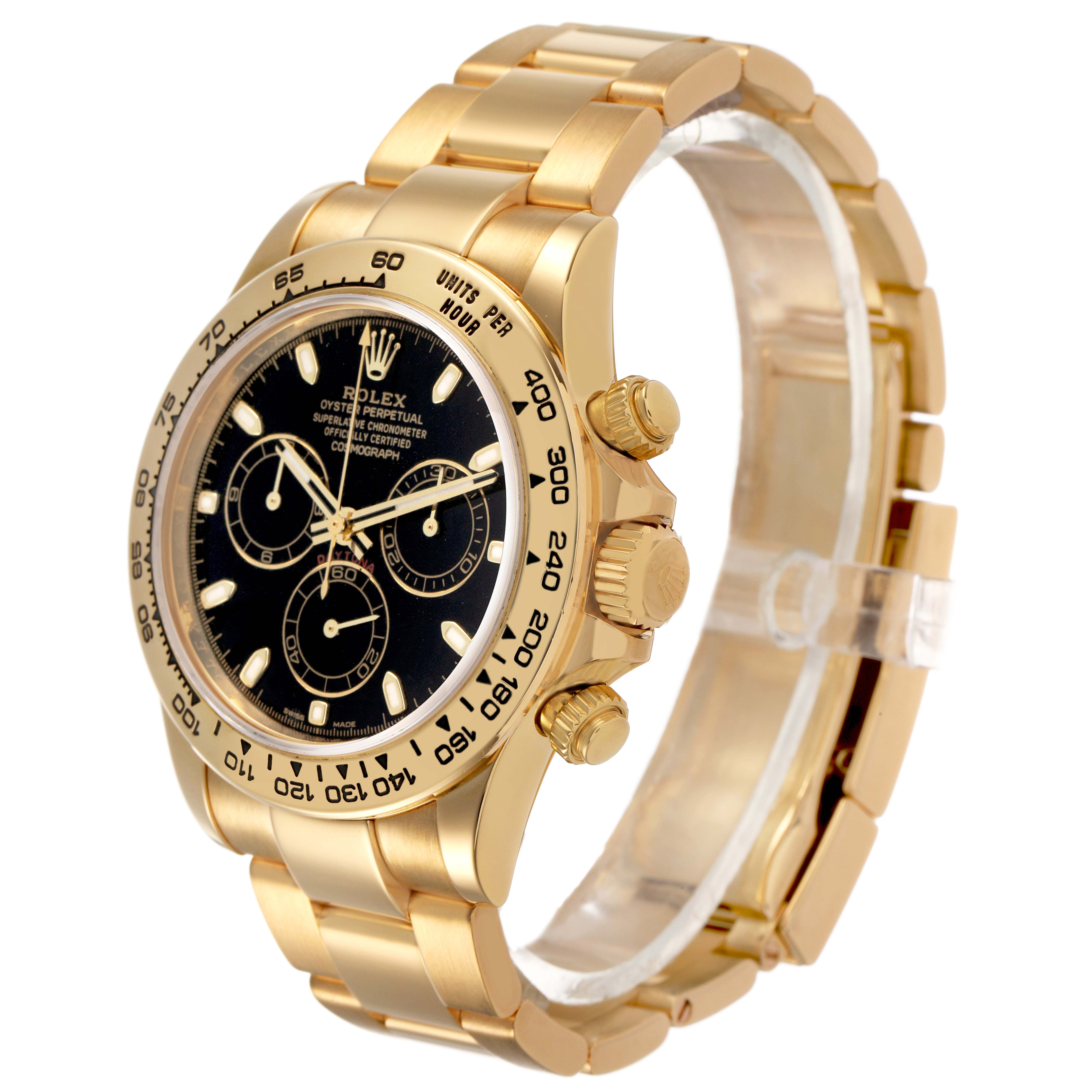 The Rolex Daytona 116508 Men's Yellow Gold Black Dial watch is shown at a three-quarter angle, highlighting its gold case, black dial, and bracelet.