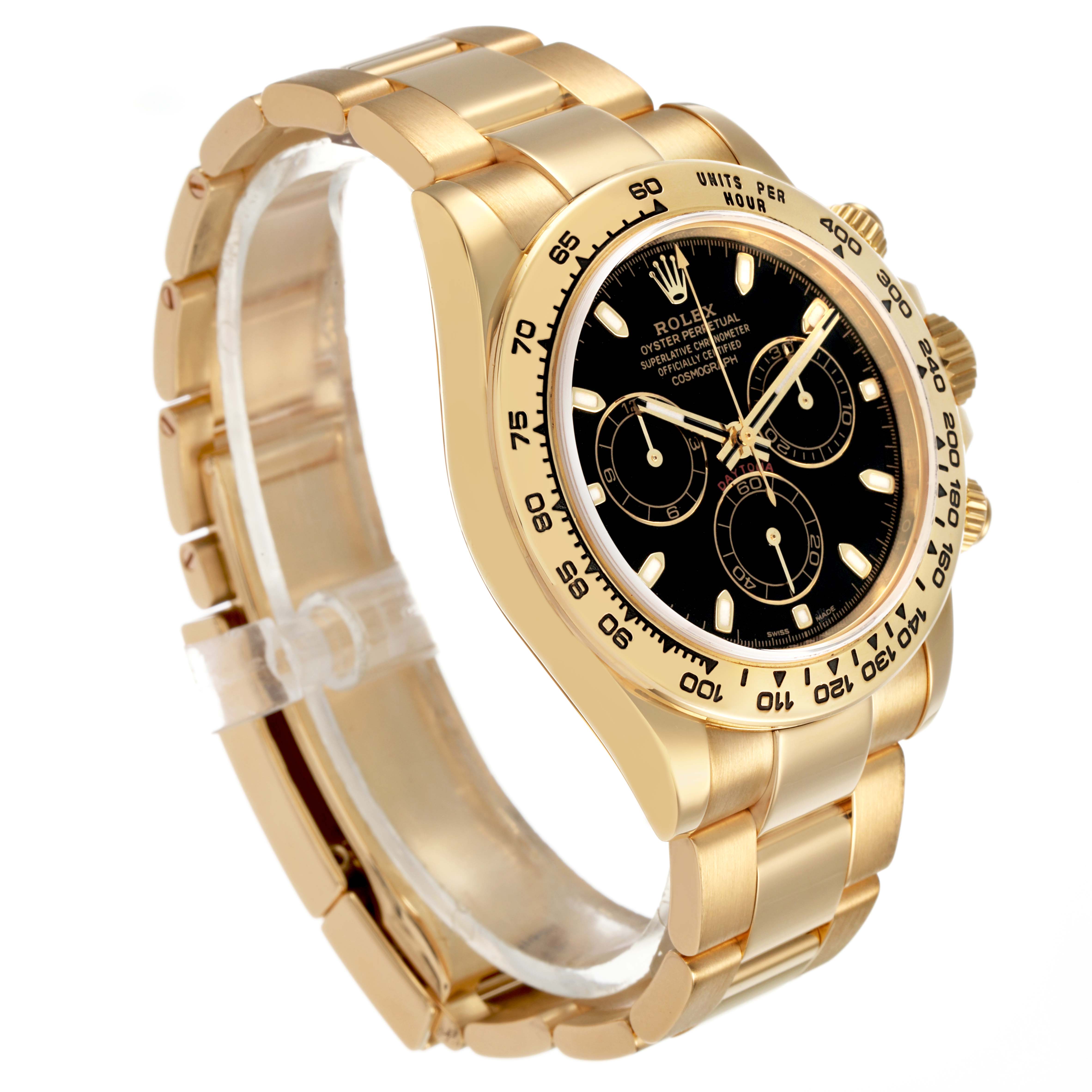 The Rolex Daytona 116508 Men's Yellow Gold Black Dial watch is shown from a three-quarter angle, highlighting the bracelet, bezel, and black dial with subdials.