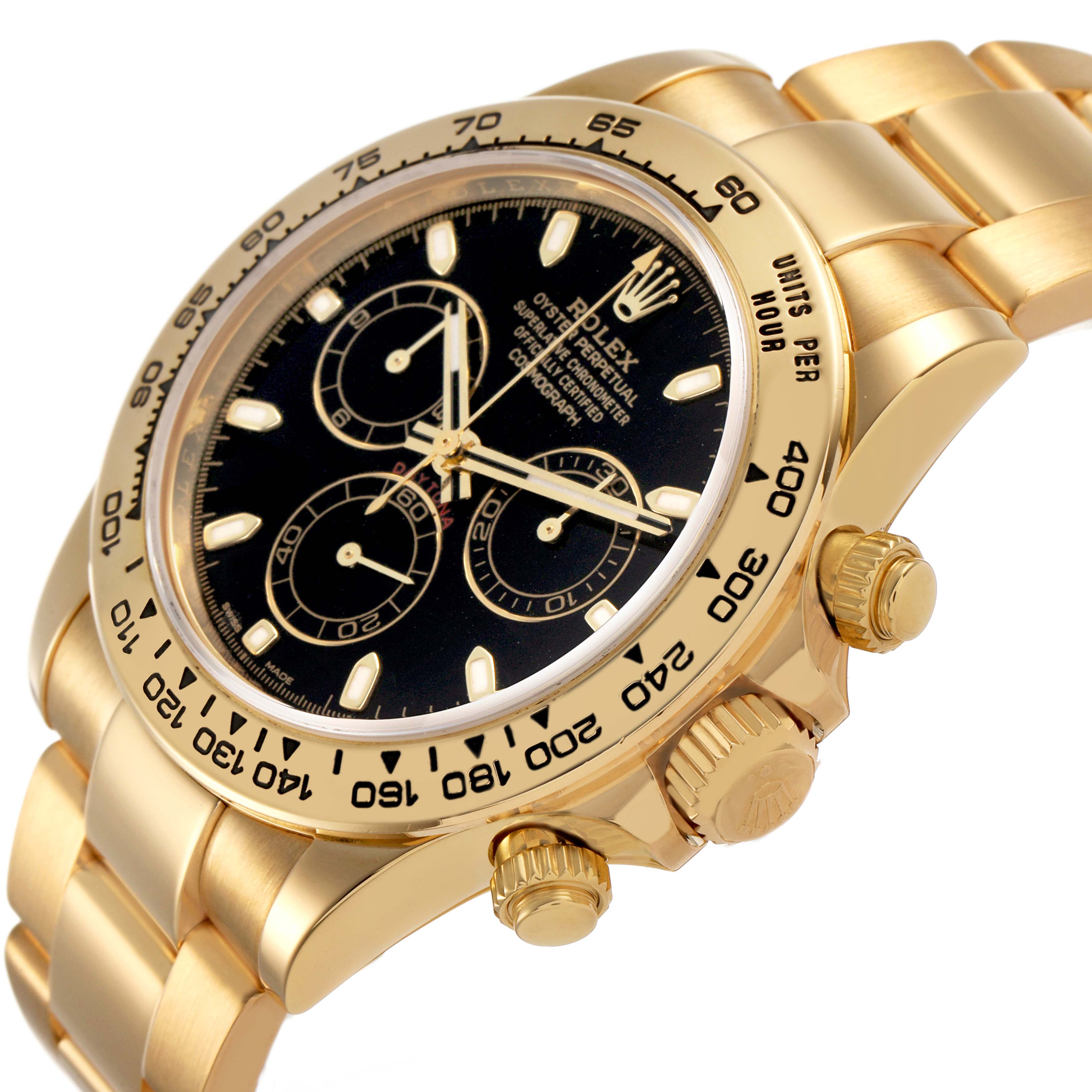 The Rolex Daytona 116508 Men's Yellow Gold Black Dial watch is shown at an angled side-view, highlighting the bezel, crown, and bracelet.