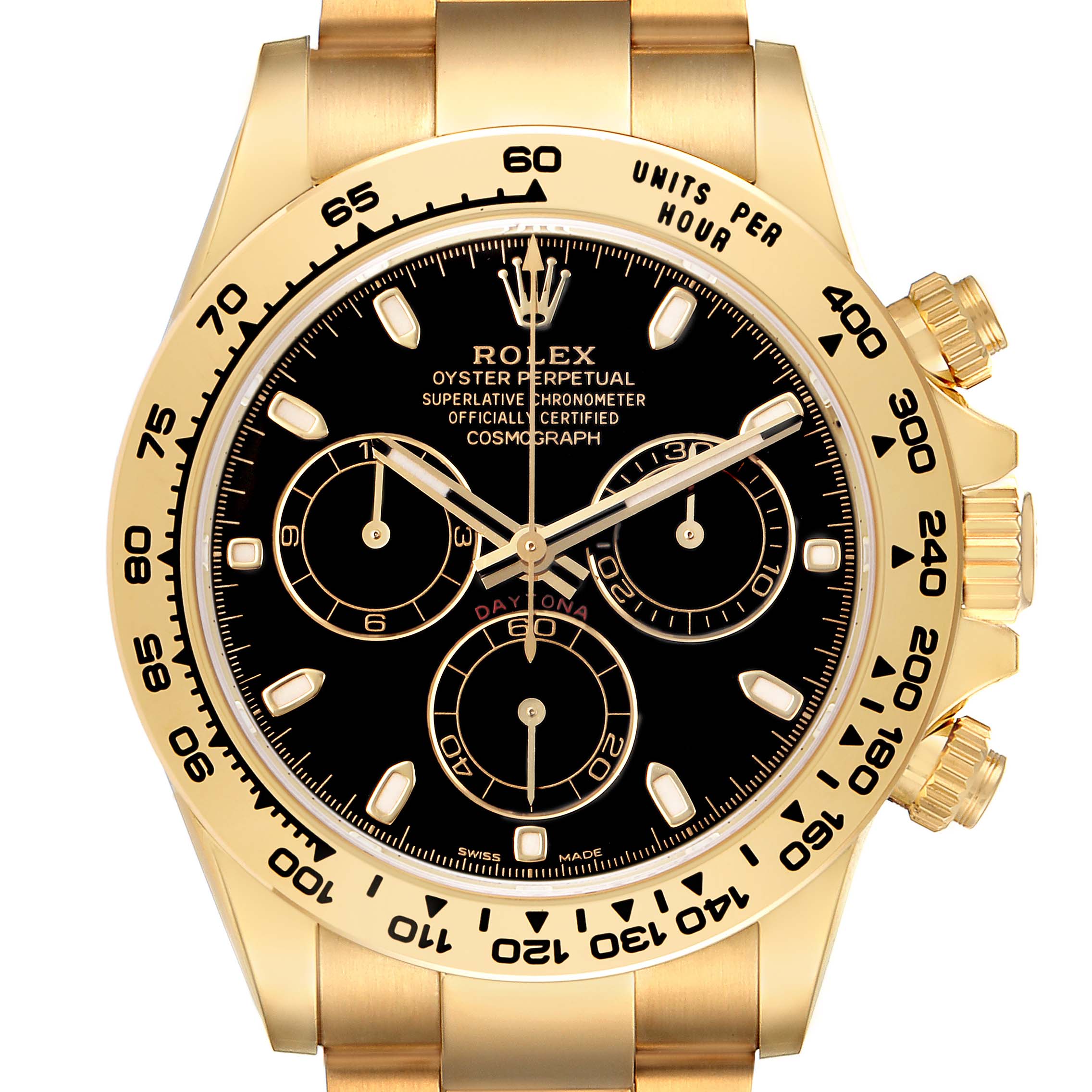 The Rolex Daytona 116508 Men's Yellow Gold Black Dial watch is shown from the front, highlighting the dial, bezel, and pushers.