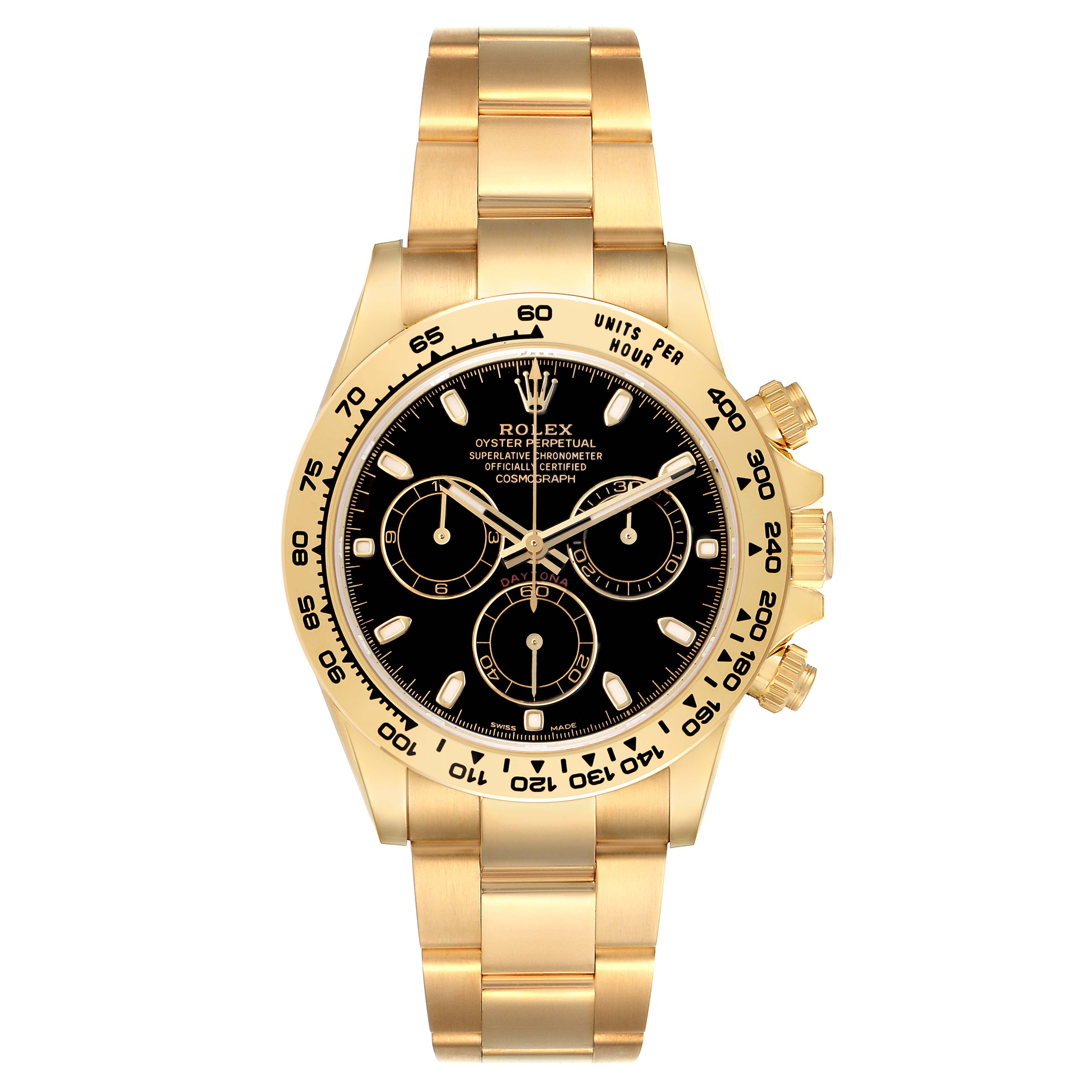 The Rolex Daytona 116508 Men's Yellow Gold Black Dial watch is shown from the front, displaying its gold bracelet, black dial, bezel, and chronograph sub-dials.