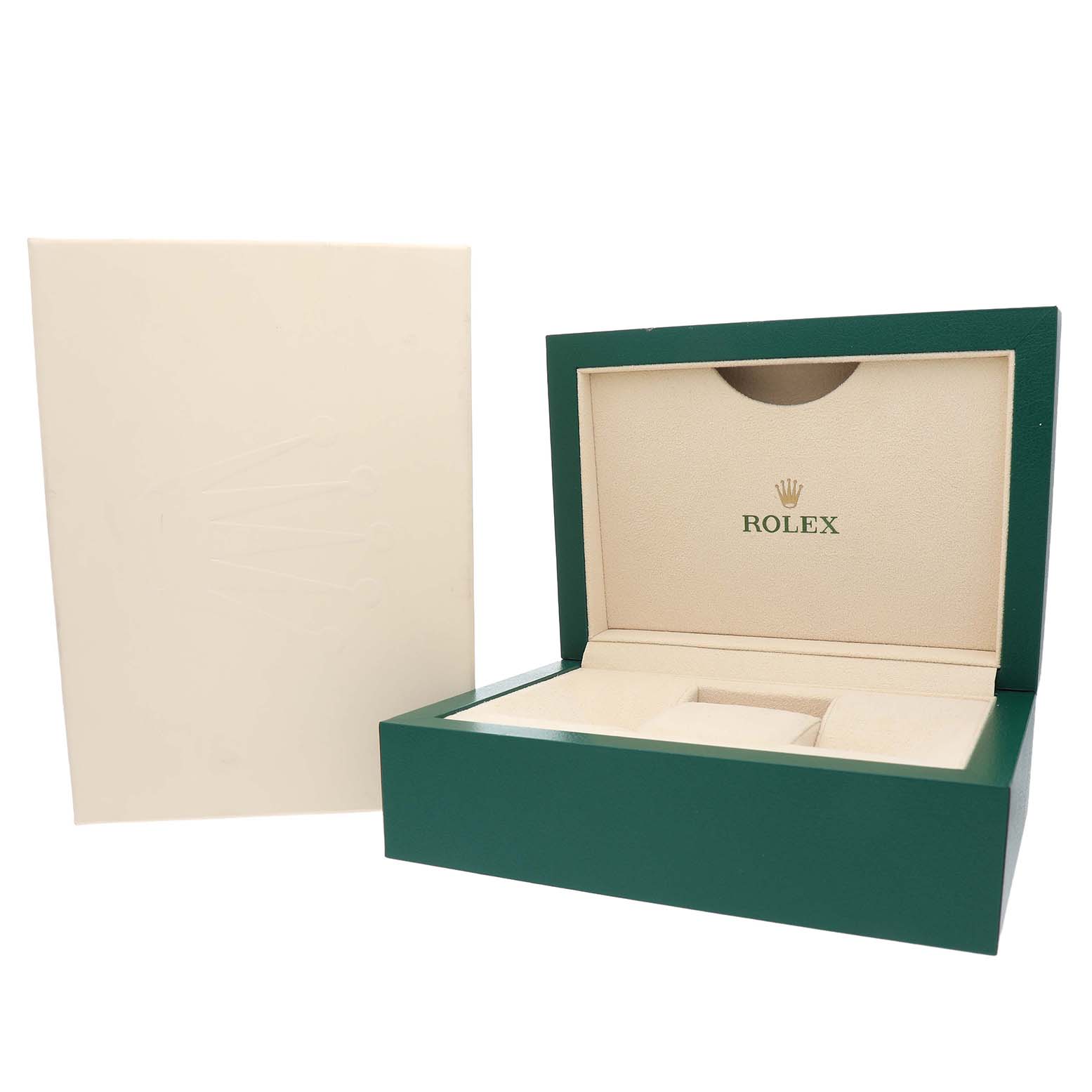 The image shows an open green and beige Rolex Daytona 116508 Men's Yellow Gold Black Dial box with a matching outer cover.
