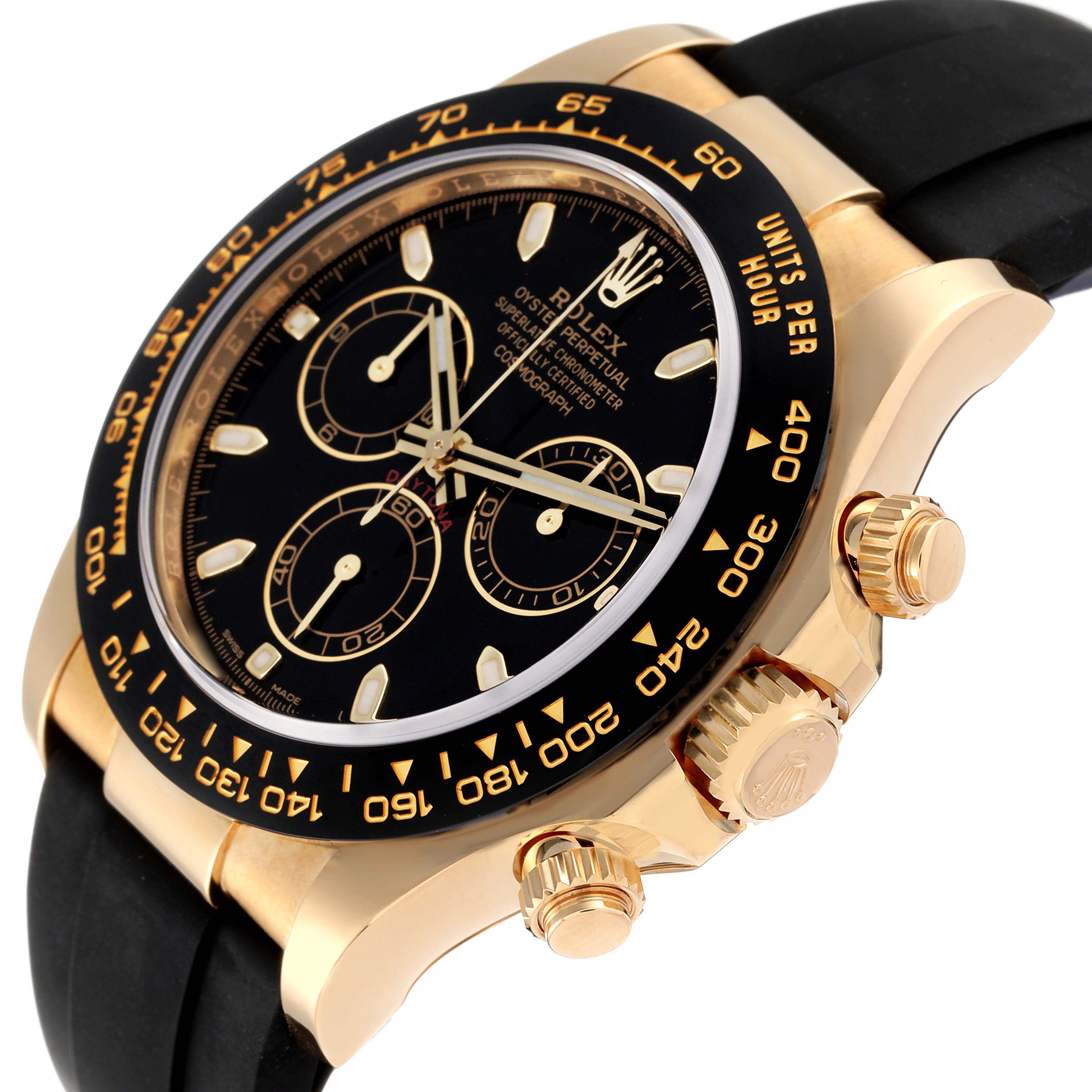 This image shows a Rolex Daytona 116518 Men's Yellow Gold Black Dial 116518 Men's Yellow Gold Black Dial model watch angled to display the dial, chronograph, bezel, and crown.