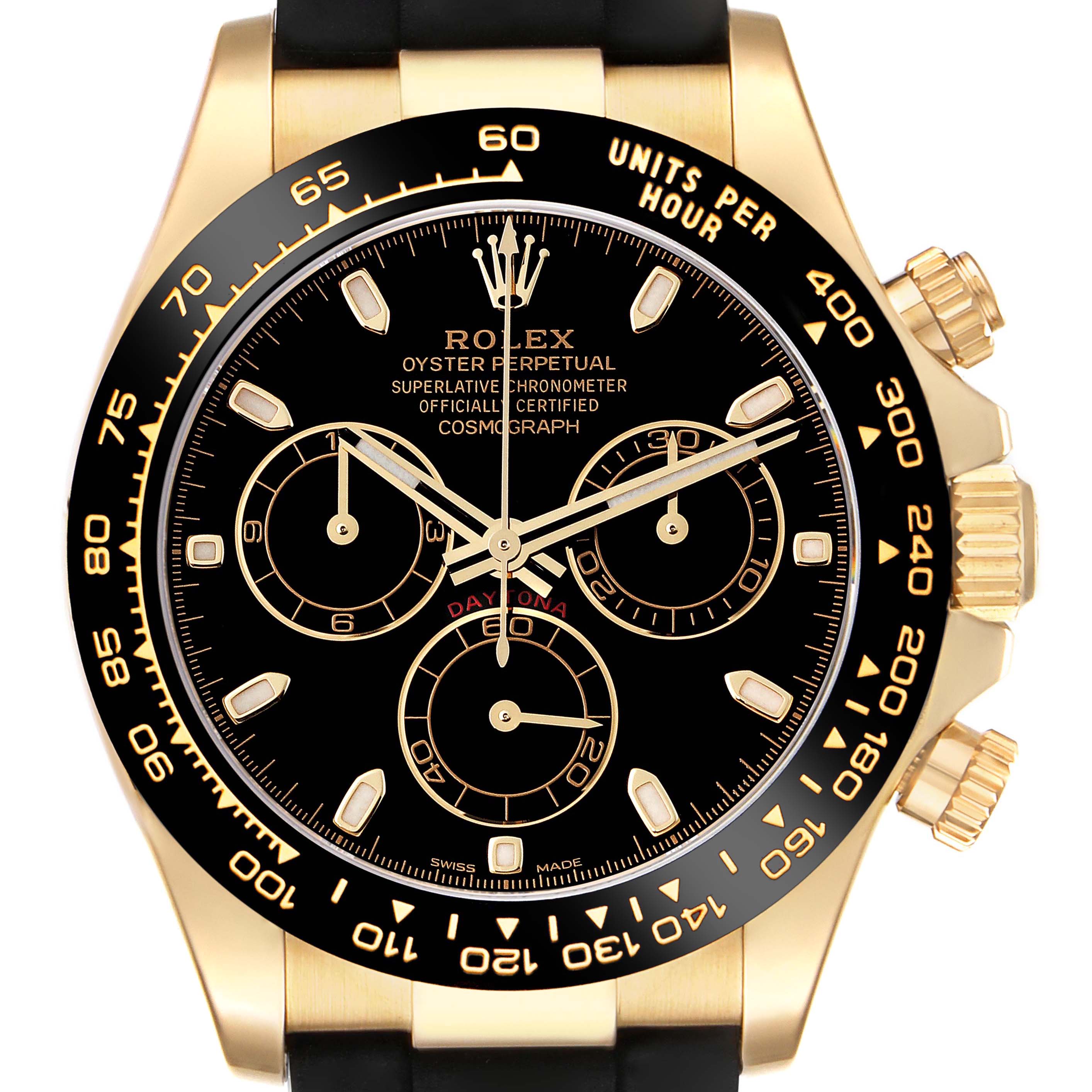 The image shows a close-up of the dial and bezel of a Rolex Daytona 116518 Men's Yellow Gold Black Dial 116518 Men's Yellow Gold Black Dial watch, highlighting its chronograph subdials and gold accents.