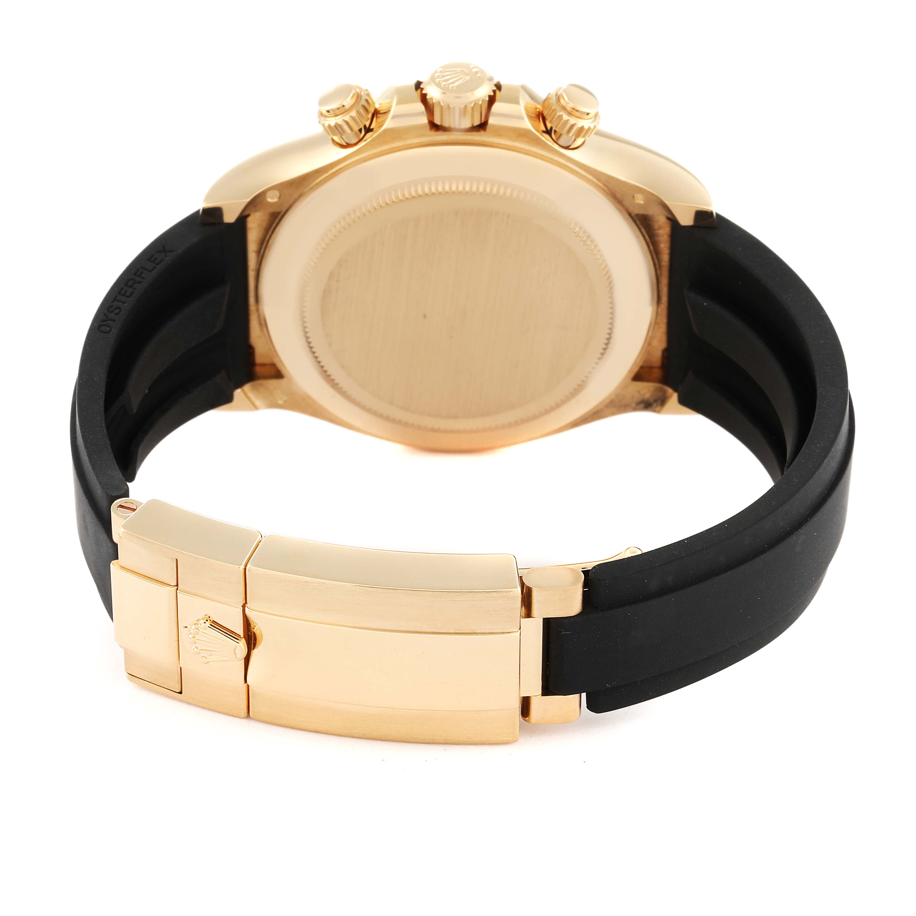 The Rolex Daytona 116518 Men's Yellow Gold Black Dial 116518 Men's Yellow Gold Black Dial watch is shown from the back, displaying its case, pushers, and black strap with a gold clasp.