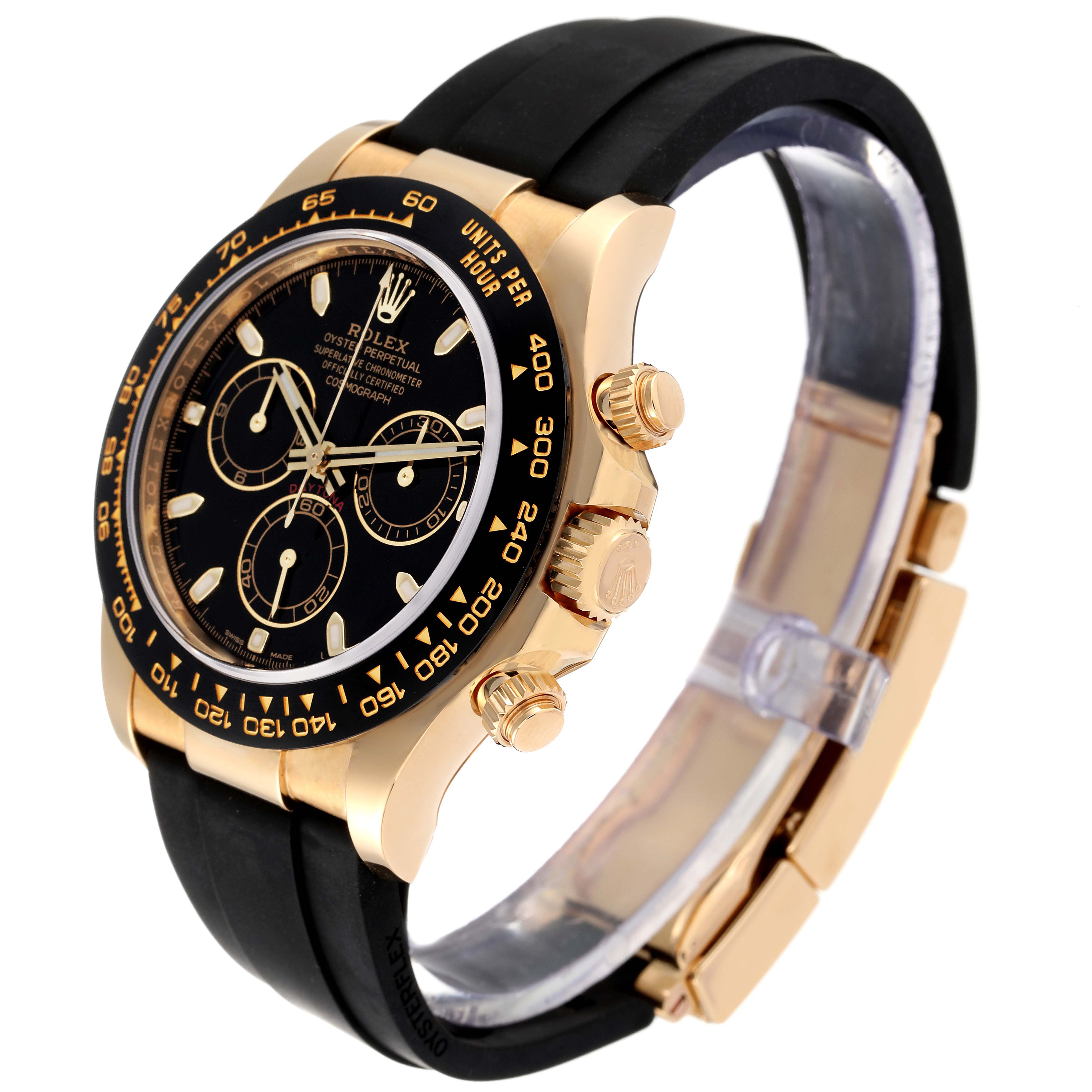 This image shows a Rolex Daytona 116518 Men's Yellow Gold Black Dial 116518 Men's Yellow Gold Black Dial watch at an angled side view, highlighting the dial, bezel, crown, and pushers.