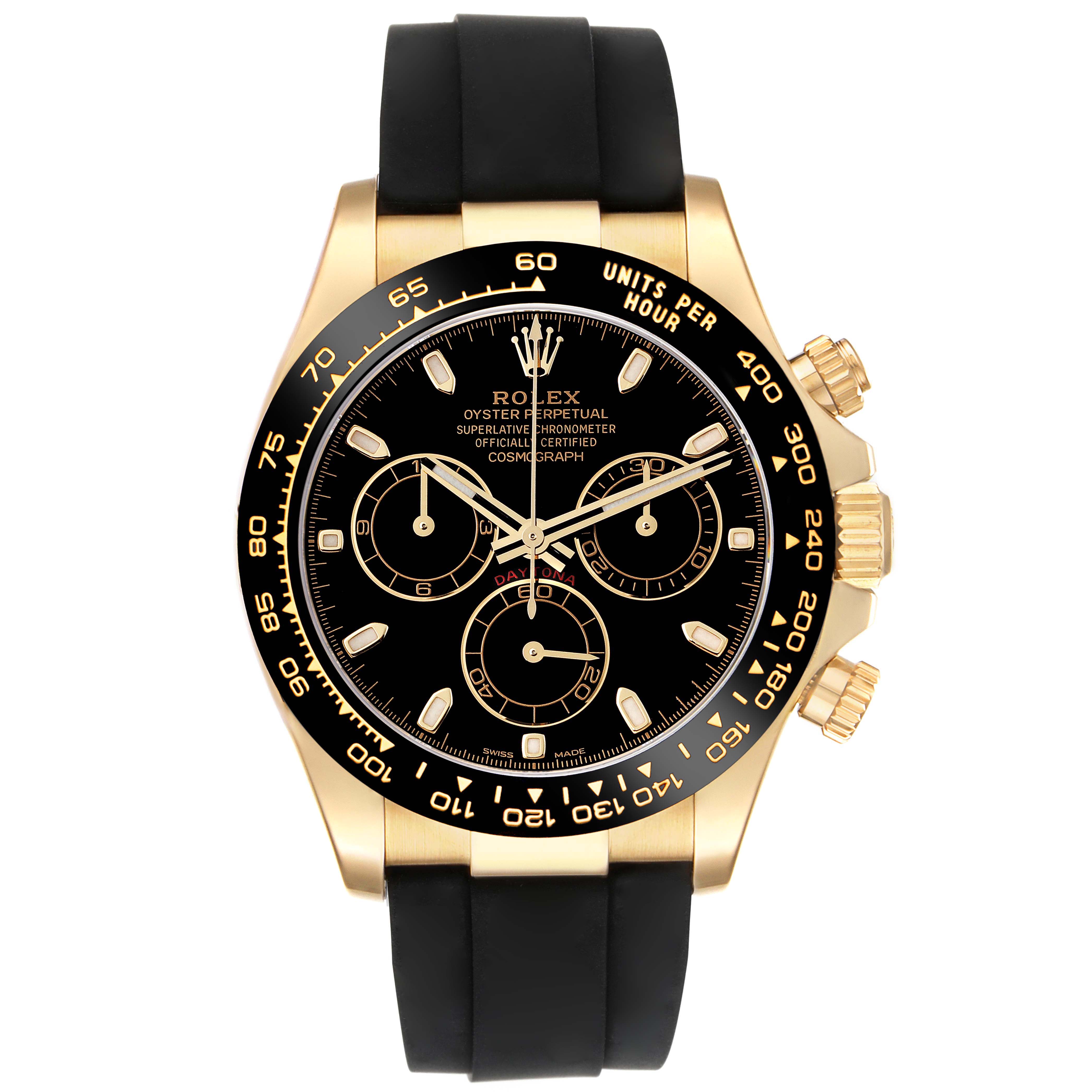 This image shows a front view of the Rolex Daytona 116518 Men's Yellow Gold Black Dial 116518 Men's Yellow Gold Black Dial watch featuring a black dial, gold case, and black rubber strap.