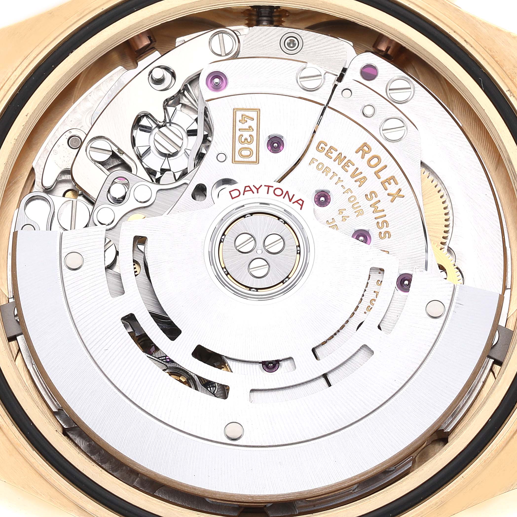 This image shows the intricate internal mechanics of the Rolex Daytona 116518 Men's Yellow Gold Black Dial 116518 Men's Yellow Gold Black Dial watch, viewed from the back.