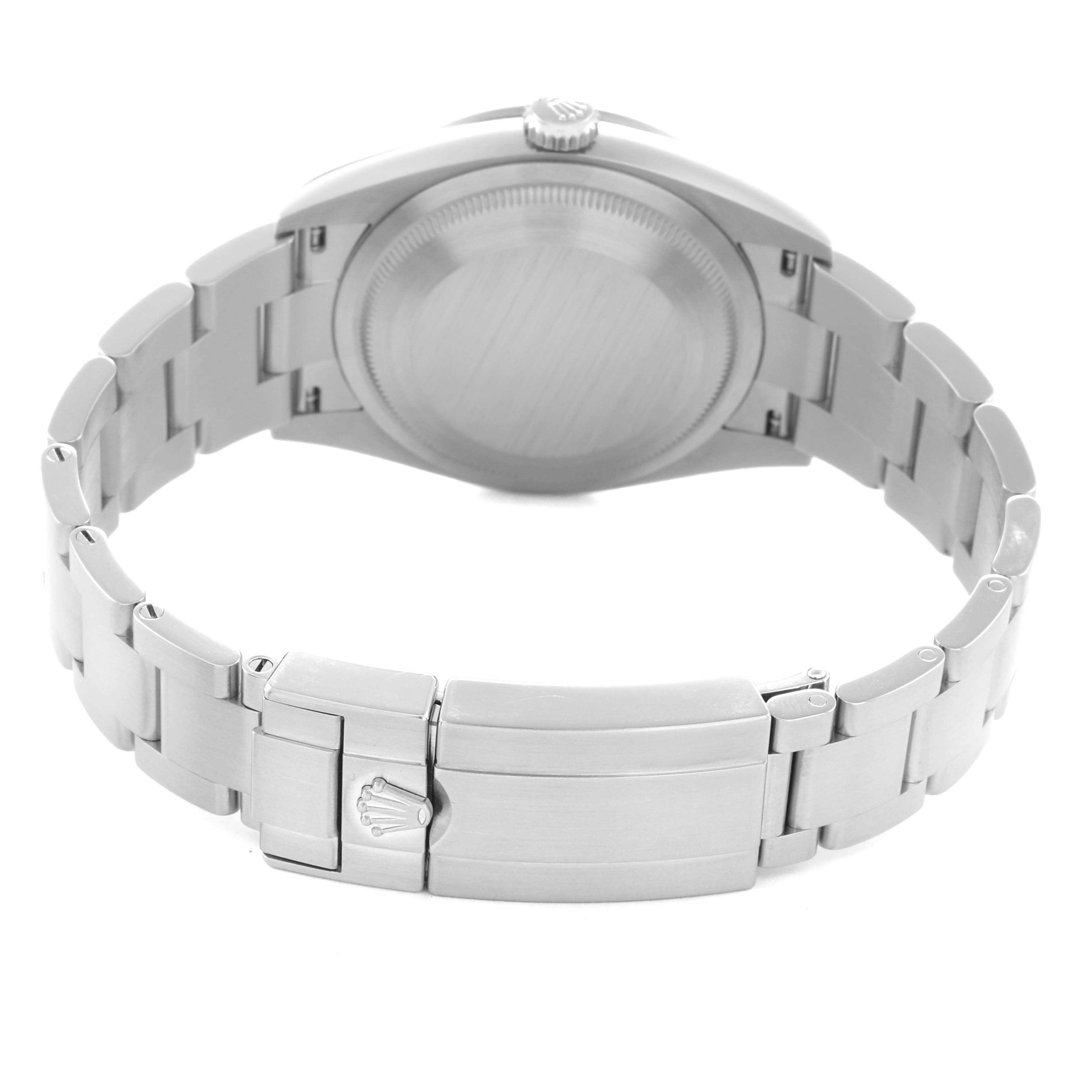 The image shows the back and bracelet of a Rolex Explorer 124270 Men
s Stainless Steel Black Dial 124270 Men
s Stainless Steel Black Dial, highlighting the clasp and closed case back.