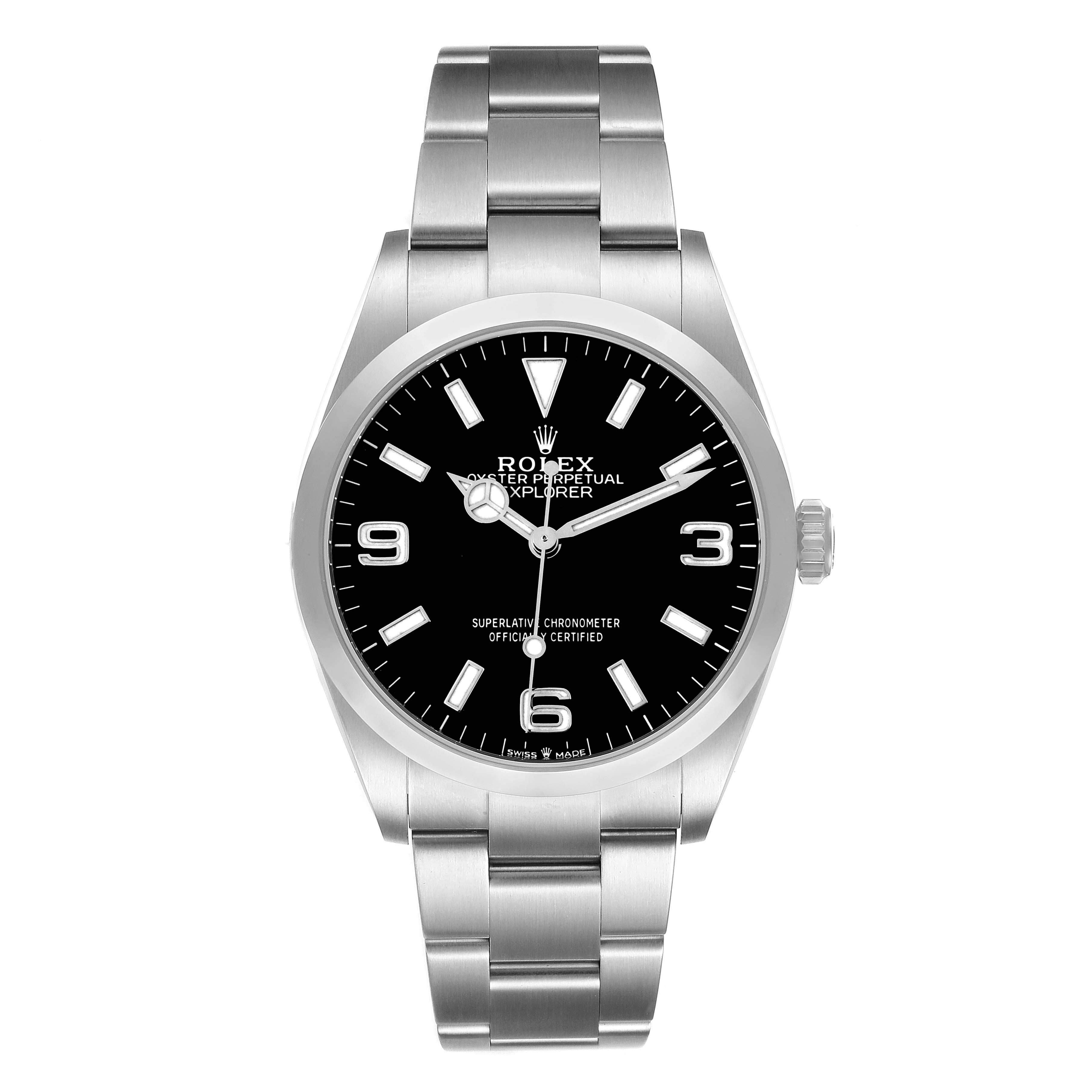 The Rolex Explorer 124270 Men
s Stainless Steel Black Dial 124270 Men
s Stainless Steel Black Dial watch is shown from a front angle, displaying the dial, hands, bezel, and bracelet.