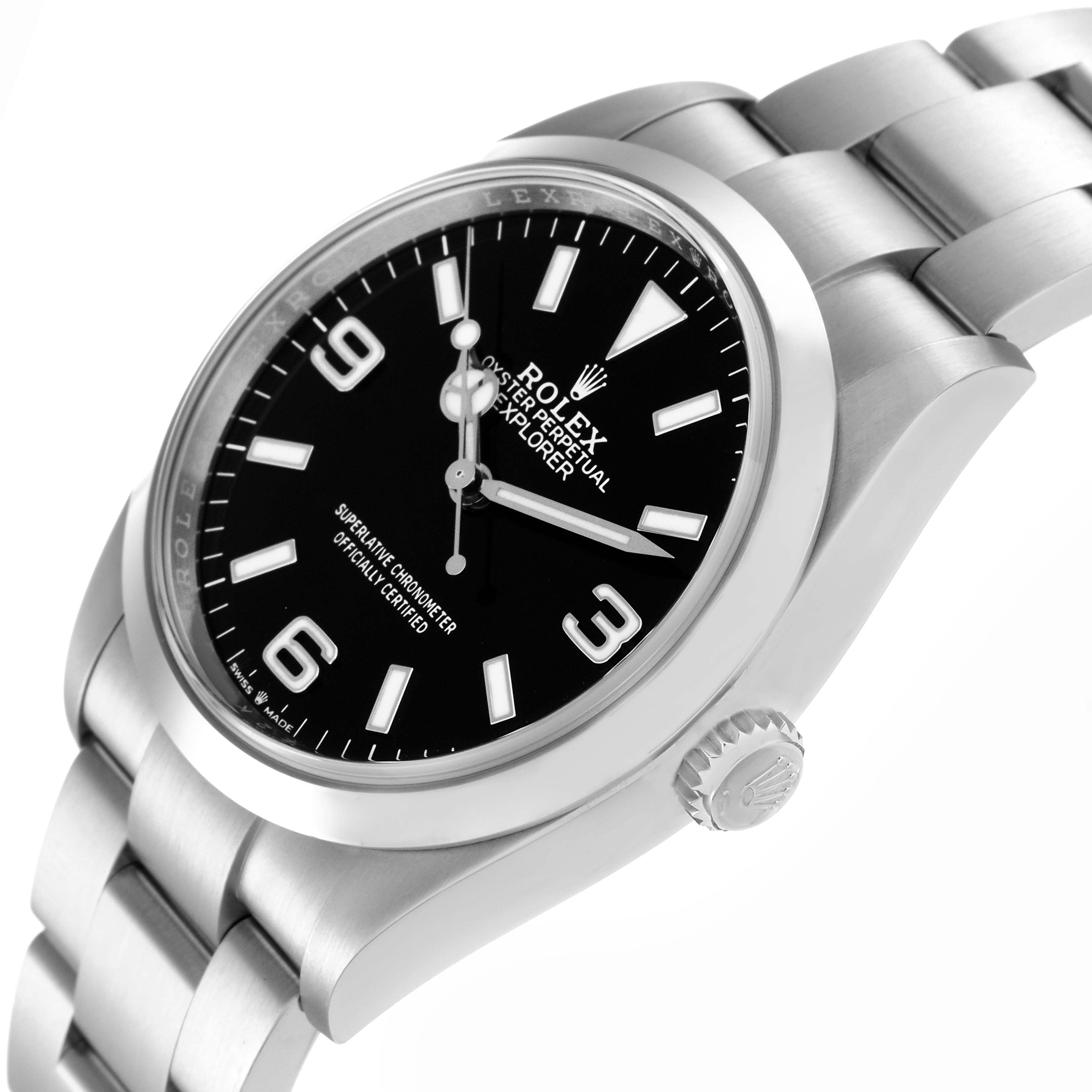 The image shows a side angle of the Rolex Explorer 124270 Men
s Stainless Steel Black Dial 124270 Men
s Stainless Steel Black Dial, highlighting the dial, bezel, crown, and stainless steel bracelet.