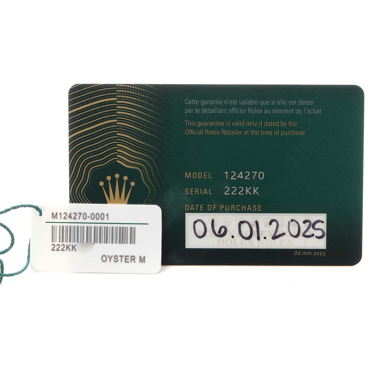 The image shows the warranty card and tag for the Rolex Explorer 124270 Men
s Stainless Steel Black Dial 124270 Men
s Stainless Steel Black Dial model, displaying model and serial numbers.