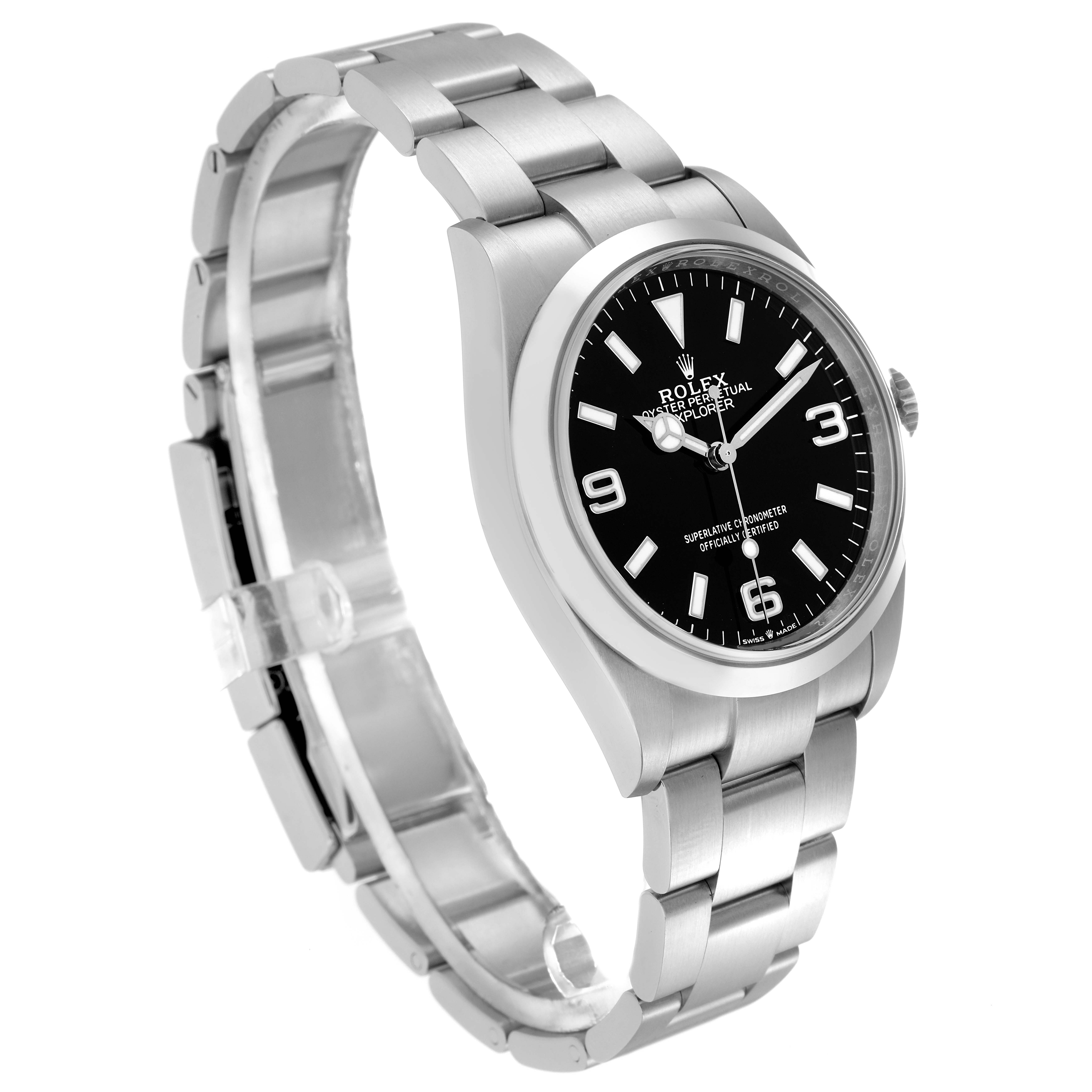 The Rolex Explorer 124270 Men
s Stainless Steel Black Dial 124270 Men
s Stainless Steel Black Dial watch is shown at a three-quarter angle, highlighting the dial, bezel, and stainless steel bracelet.