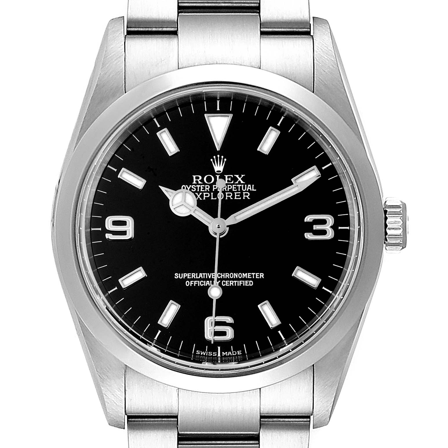 The image shows a front view of the Rolex Explorer 114270 Men
s Stainless Steel Black Dial 114270 Men
s Stainless Steel Black Dial watch, highlighting its black dial, hour markers, and brushed stainless steel bracelet.