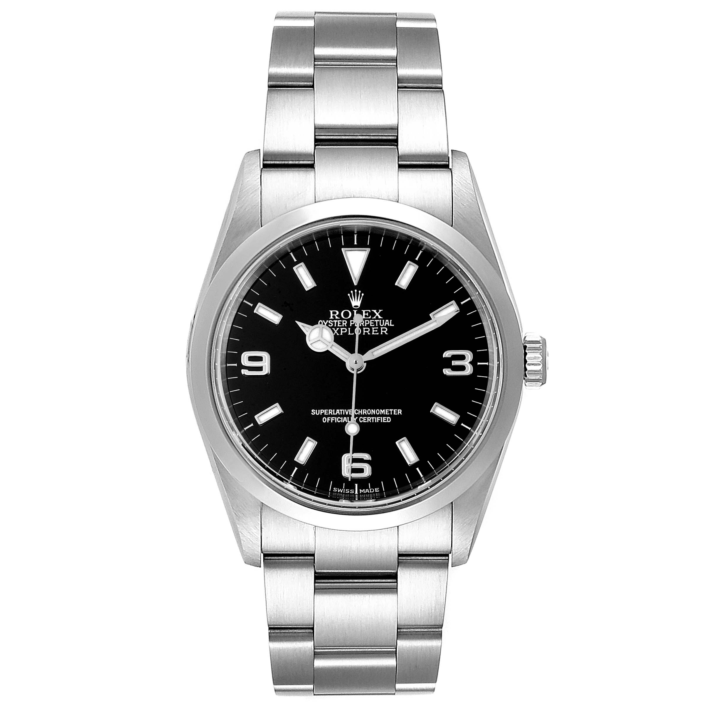 This image shows a frontal view of the dial, bezel, and bracelet of the Rolex Explorer 114270 Men
s Stainless Steel Black Dial 114270 Men
s Stainless Steel Black Dial watch.