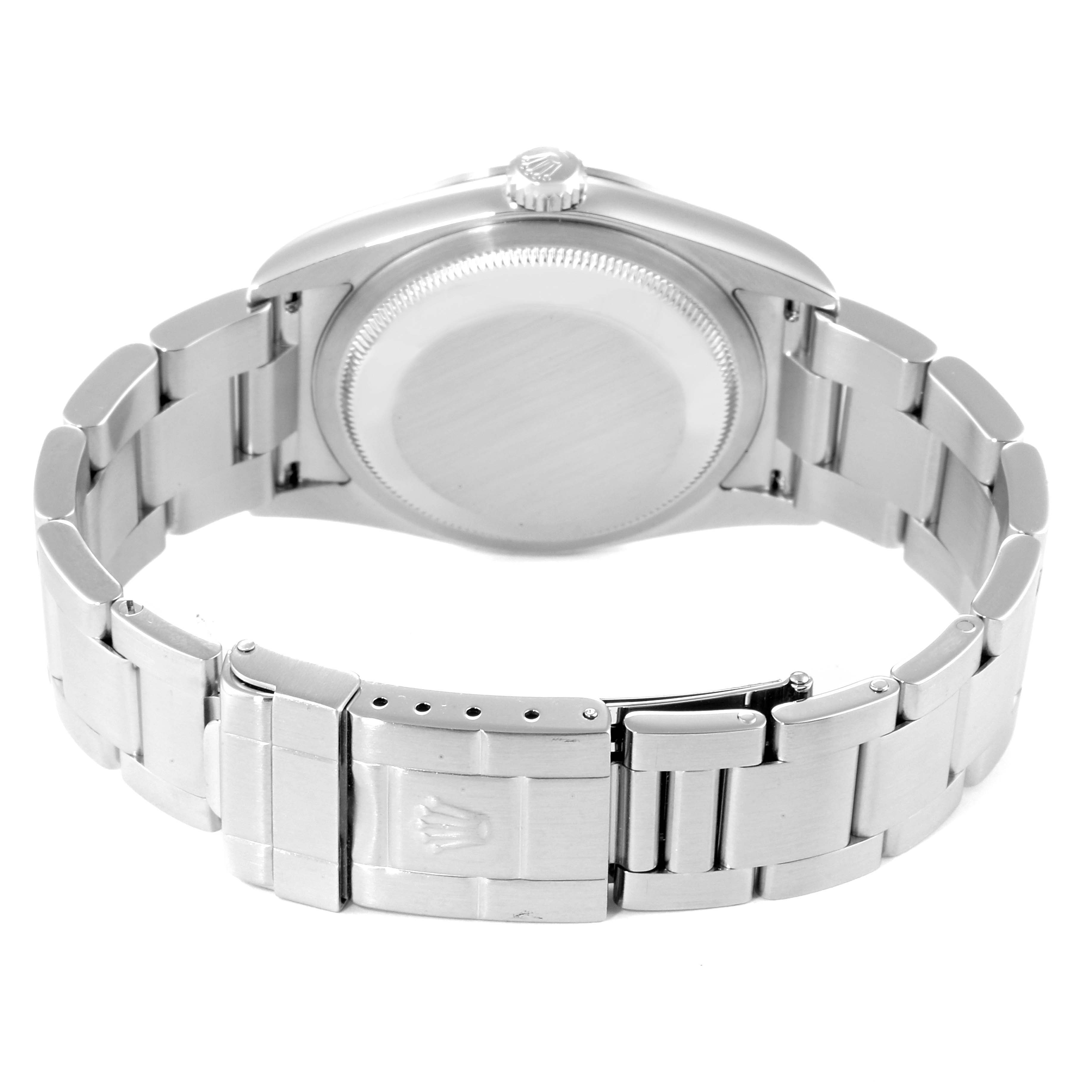 This image shows the back and bracelet of a Rolex Explorer 114270 Men
s Stainless Steel Black Dial 114270 Men
s Stainless Steel Black Dial watch, highlighting the clasp and case back.