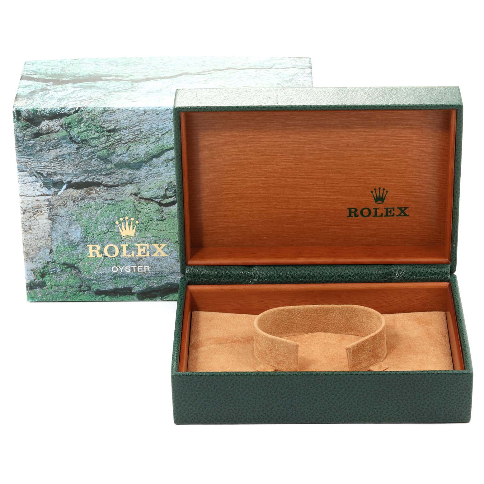 The image shows an empty Rolex Explorer 114270 Men
s Stainless Steel Black Dial 114270 Men
s Stainless Steel Black Dial watch box with its lid open, revealing the interior cushion.