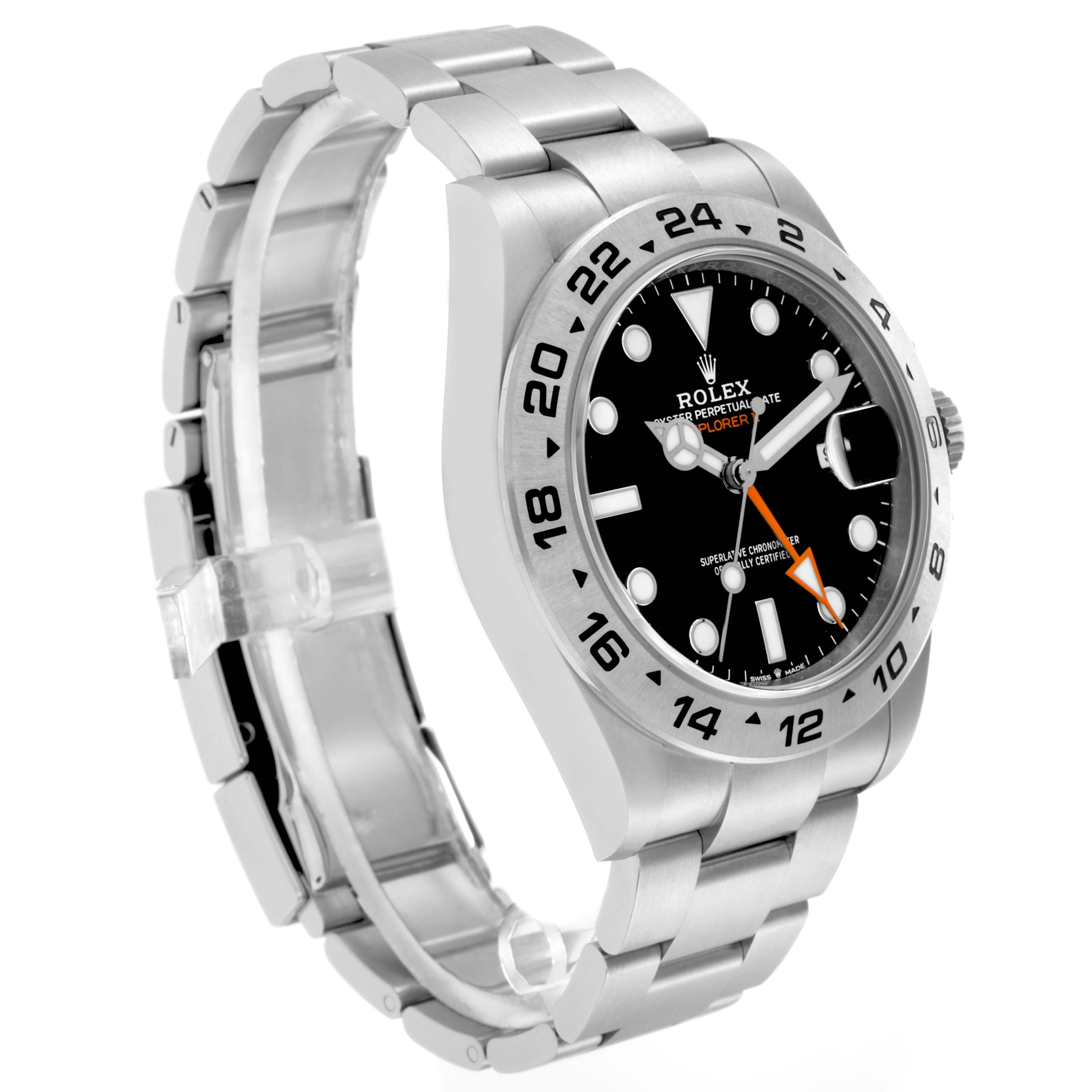 The Rolex Explorer 226570 Men
s Stainless Steel Black Dial 226570 Men
s Stainless Steel Black Dial watch is shown at a three-quarter angle, displaying the bezel, dial, hands, and stainless steel bracelet.