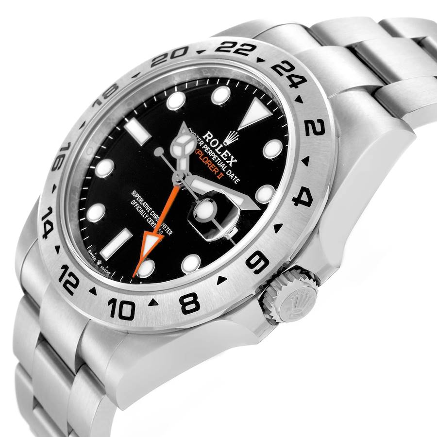 The Rolex Explorer 226570 Men's Stainless Steel Black Dial 226570 Men's Stainless Steel Black Dial watch is shown from an angled side view, displaying the bezel, crown, and part of the bracelet.