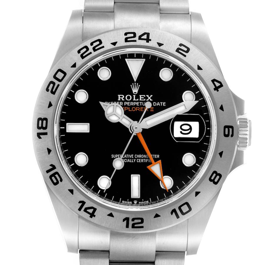The Rolex Explorer watch is shown from the front, highlighting its dial, bezel, date window, and bracelet.