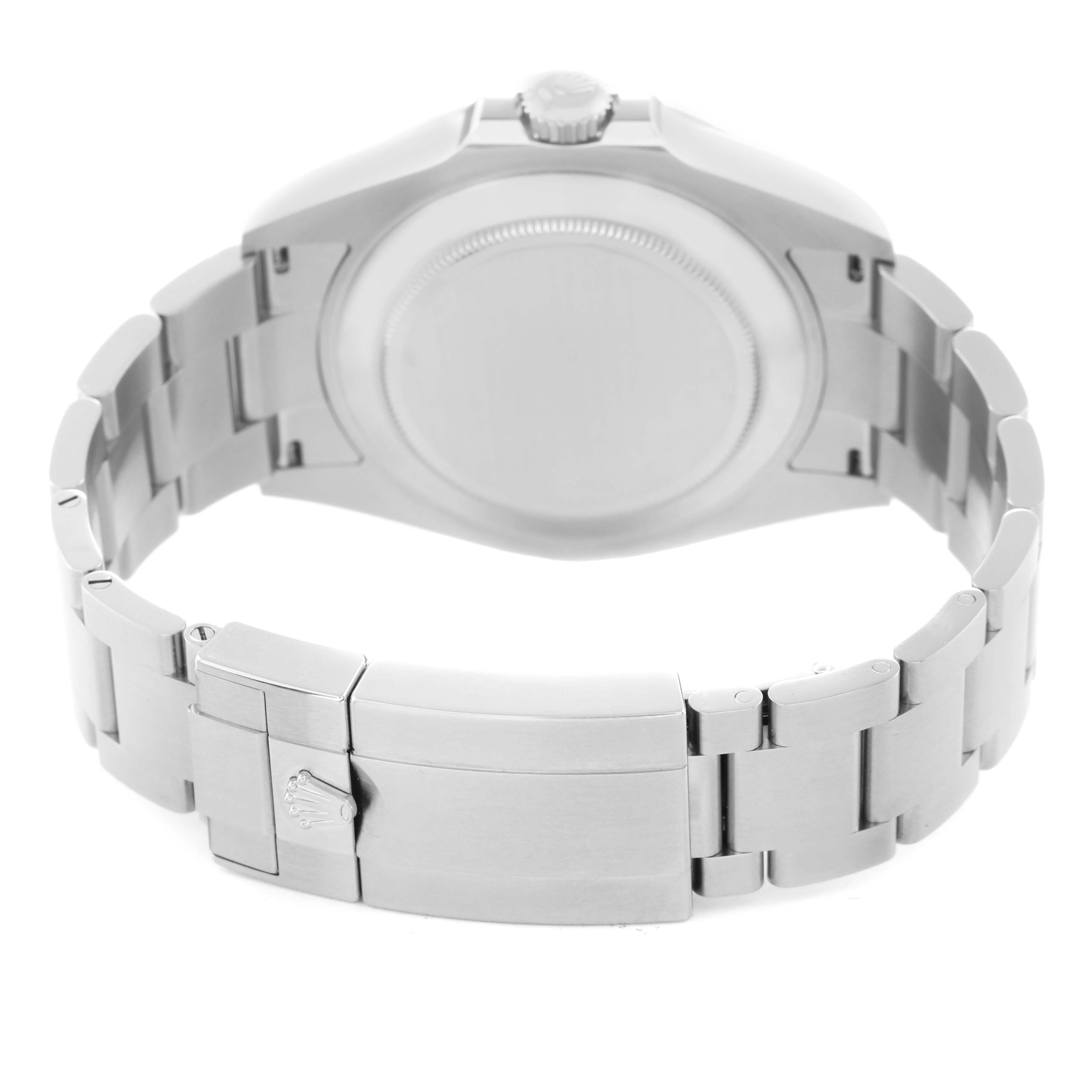 The image shows the back case, crown, and clasp of a Rolex Explorer 226570 Men
s Stainless Steel Black Dial 226570 Men
s Stainless Steel Black Dial watch from a rear angle.