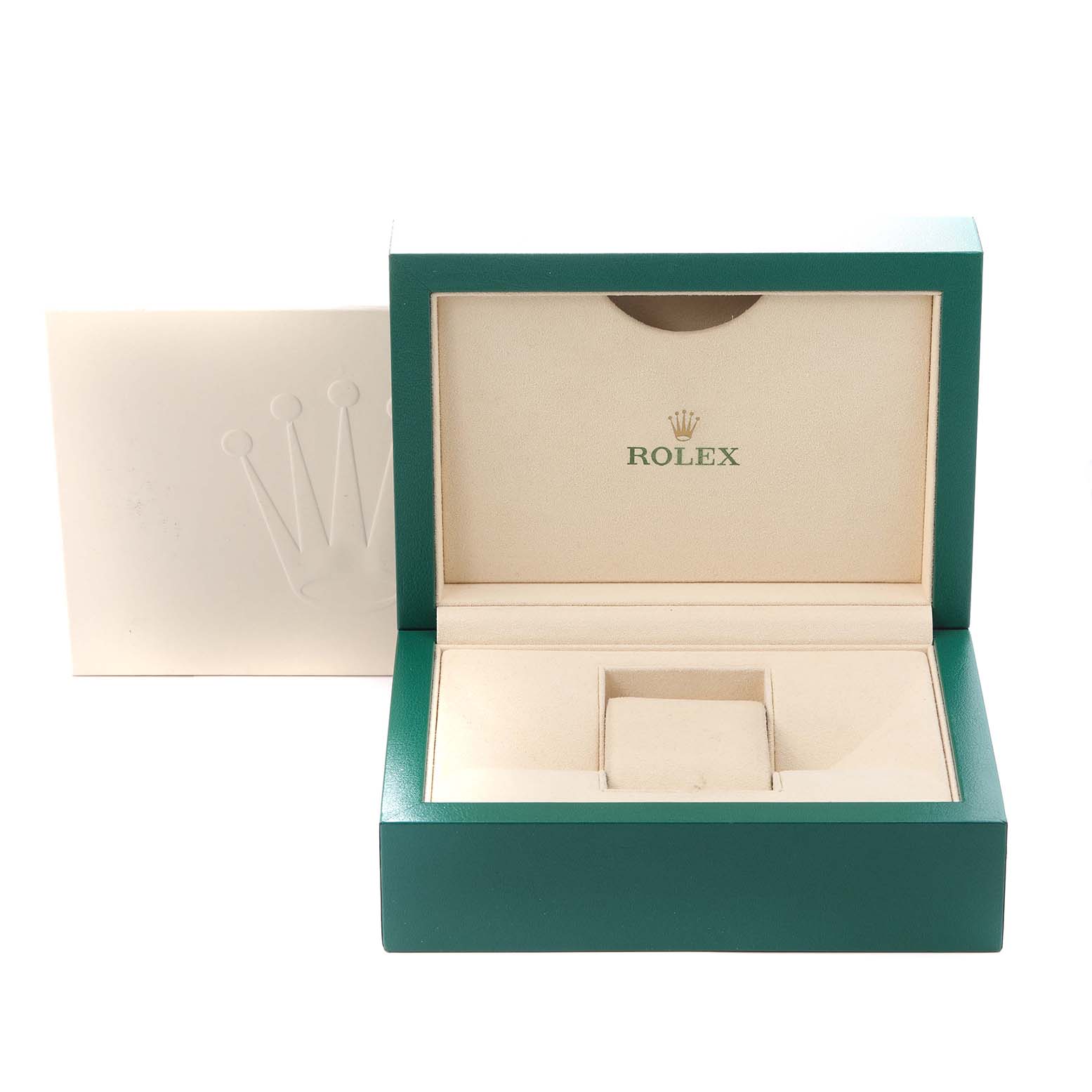 The image shows an open Rolex Explorer 226570 Men
s Stainless Steel Black Dial 226570 Men
s Stainless Steel Black Dial box and packaging, displaying the interior cushion and logo.