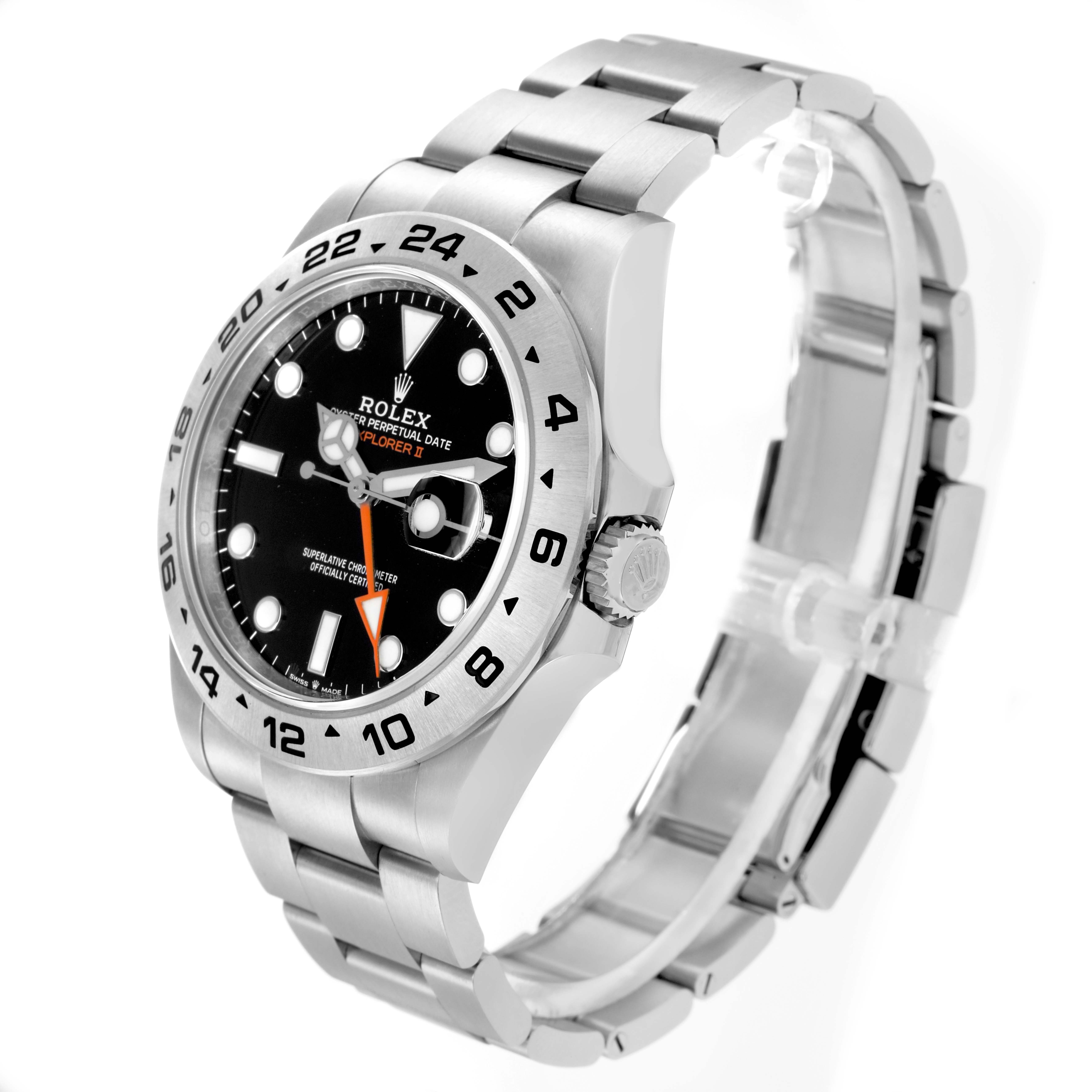 The image shows a Rolex Explorer 226570 Men
s Stainless Steel Black Dial 226570 Men
s Stainless Steel Black Dial watch at an angled side view, highlighting the dial, bezel, crown, and bracelet.