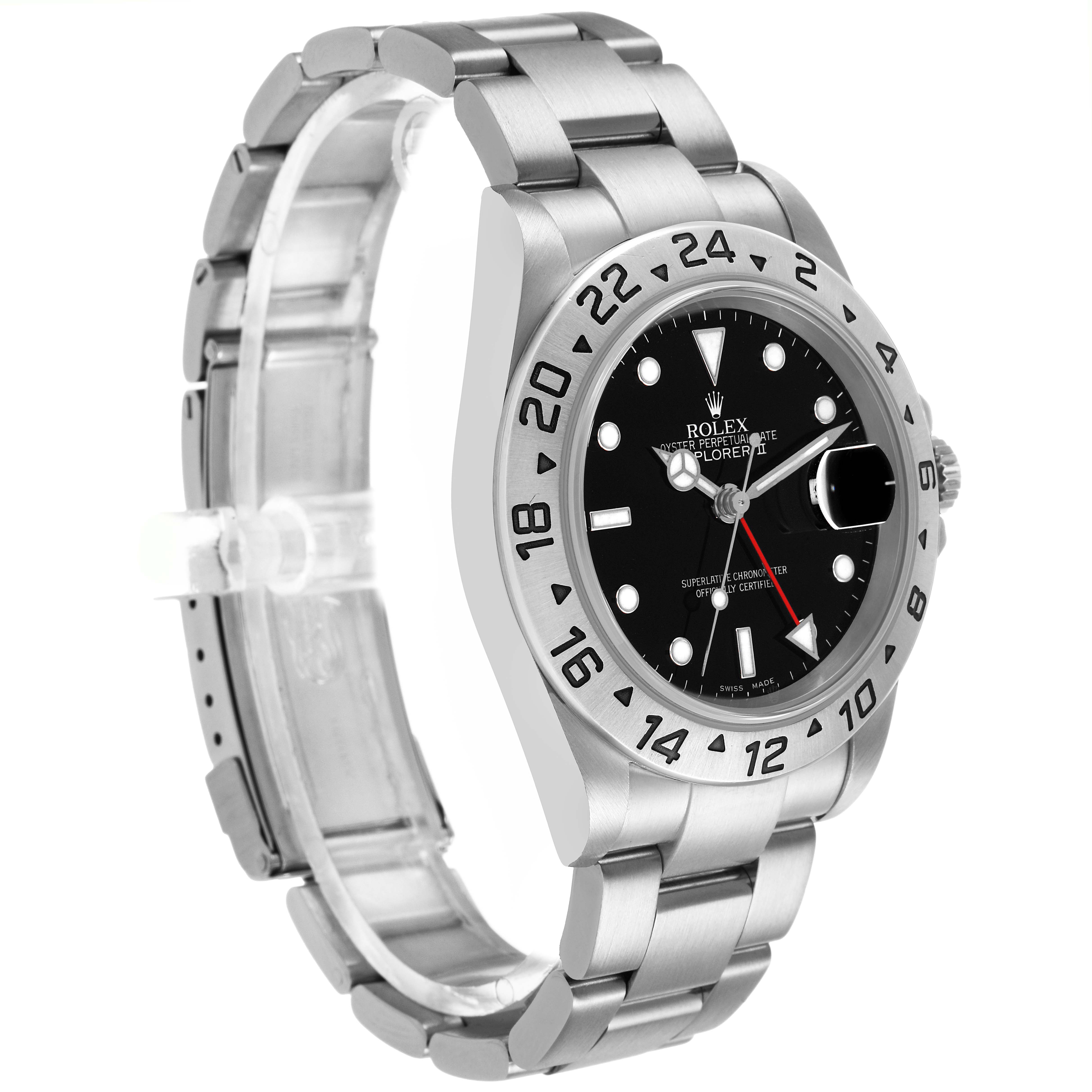 The Rolex Explorer 16570 Men's Stainless Steel Black Dial watch is shown at a three-quarter angle, highlighting its bezel, black dial, and bracelet.