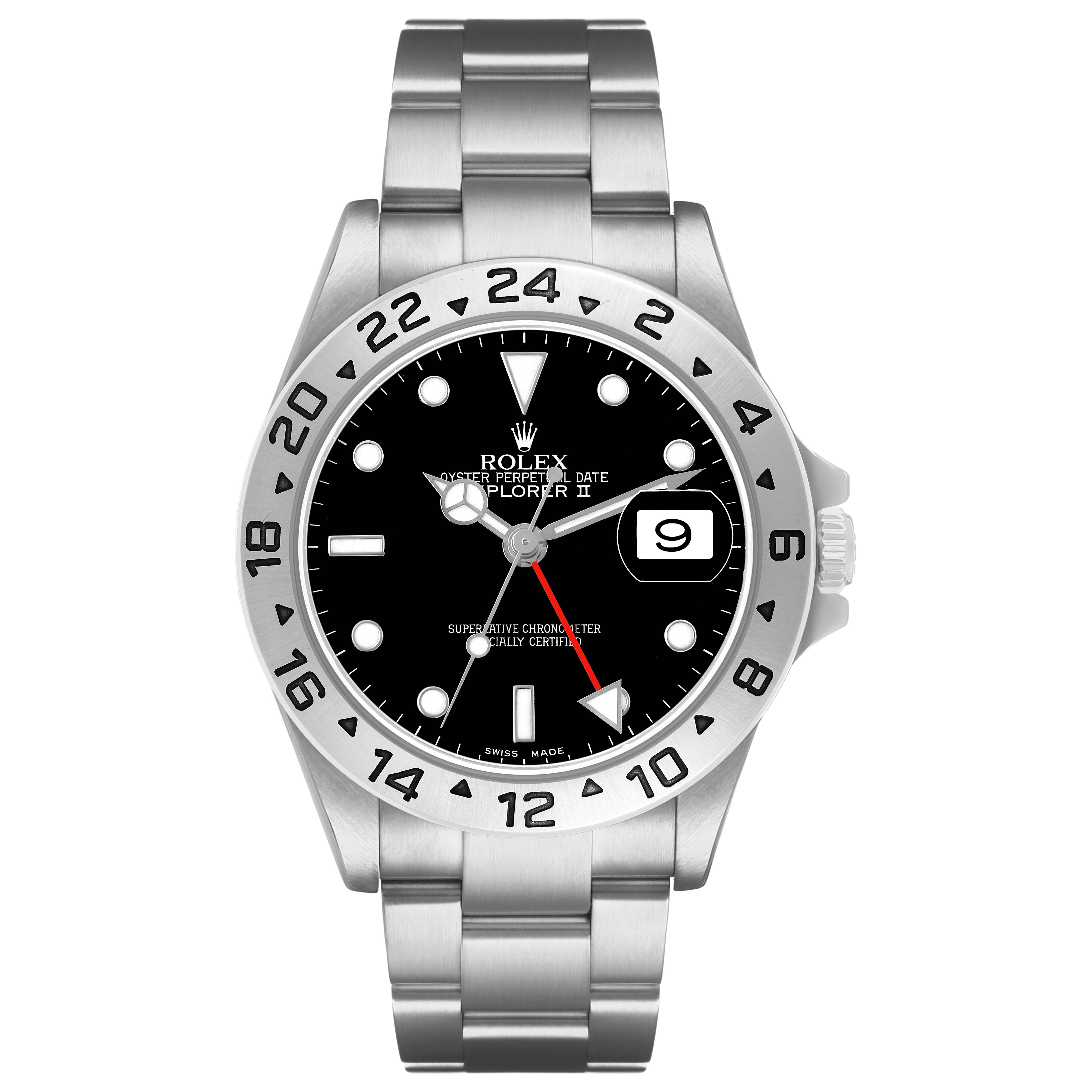The Rolex Explorer 16570 Men's Stainless Steel Black Dial model is shown from a front angle, displaying the watch face, bezel, and bracelet.