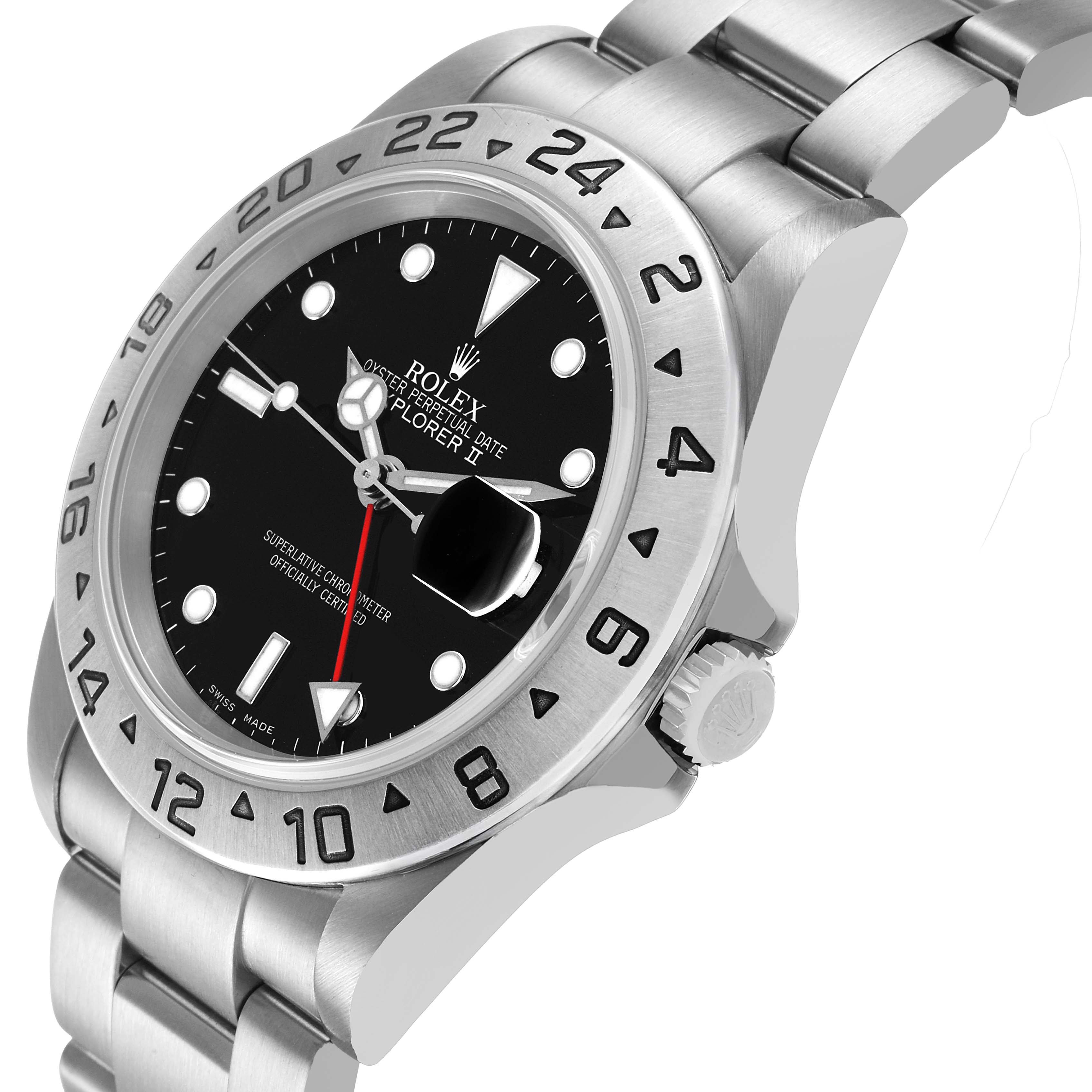 The Rolex Explorer 16570 Men's Stainless Steel Black Dial watch is shown at a three-quarter angle, highlighting the dial, bezel, and bracelet.