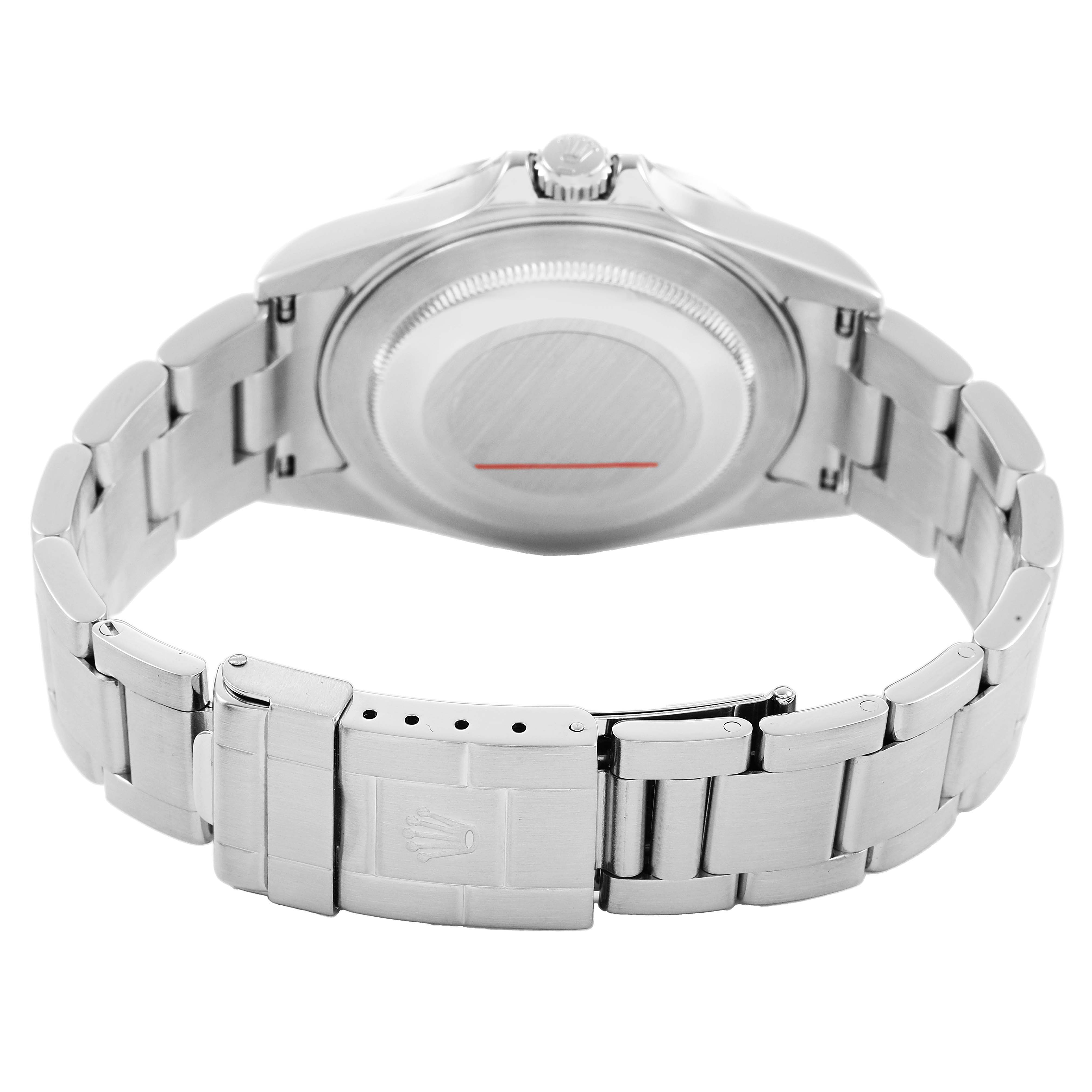The image shows the back view of a Rolex Explorer 16570 Men's Stainless Steel Black Dial watch, highlighting its stainless steel bracelet and clasp.