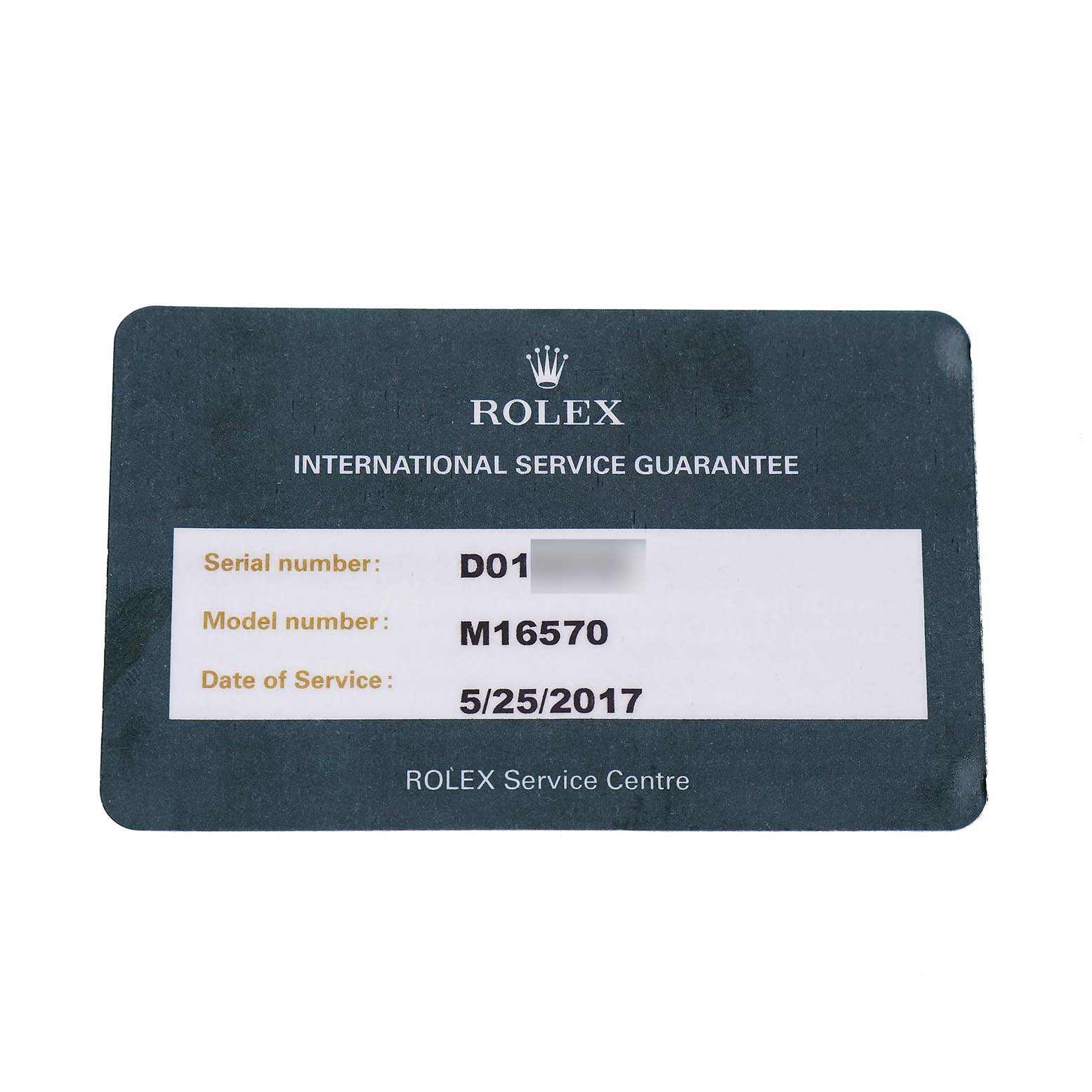 This image shows a Rolex Explorer 16570 Men's Stainless Steel Black Dial model service card with the model number M16570 and the date of service.