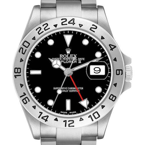 The image shows a front view of the Rolex Explorer 16570 Men's Stainless Steel Black Dial II watch, highlighting the dial, bezel, and date window.