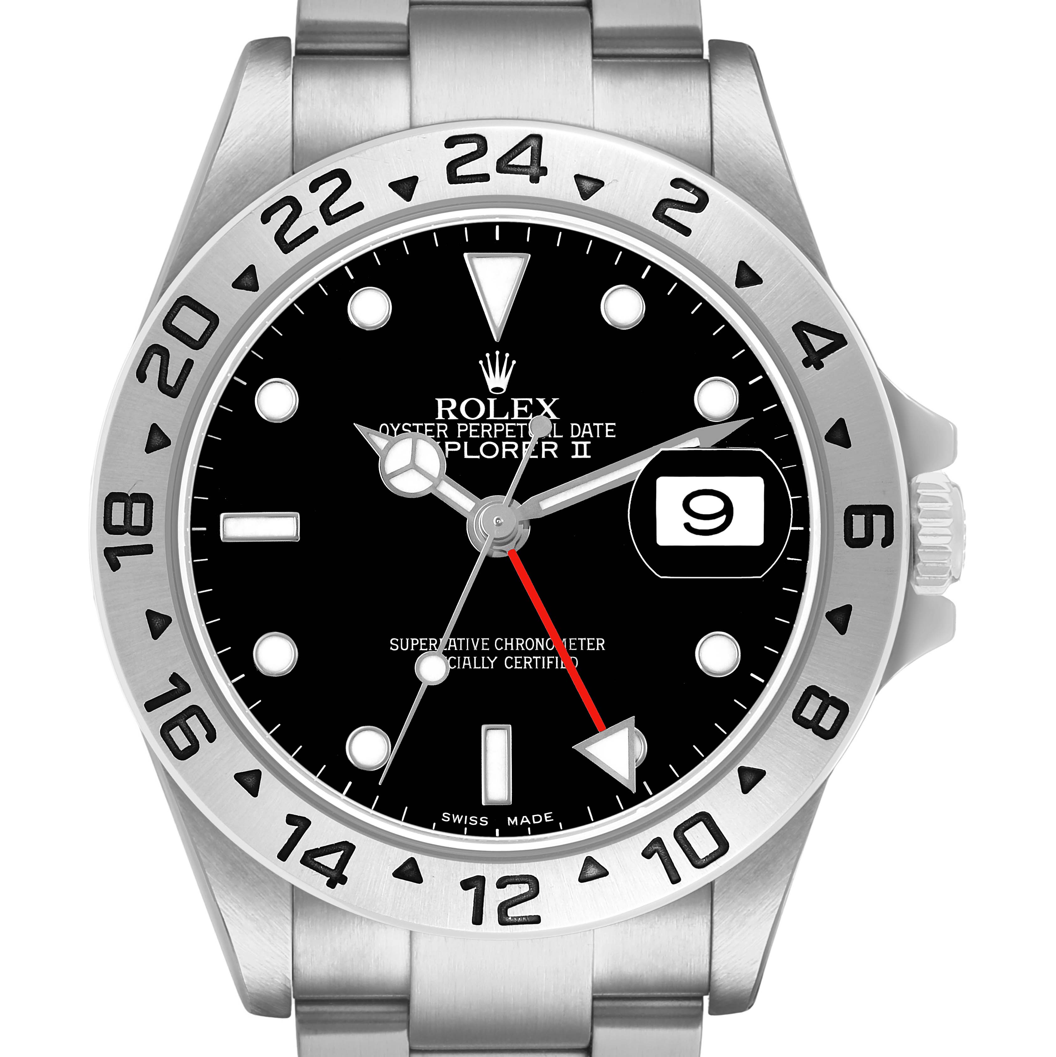 The Rolex Explorer 16570 Men's Stainless Steel Black Dial model is shown from a front angle, highlighting the dial, bezel, hands, and date window.