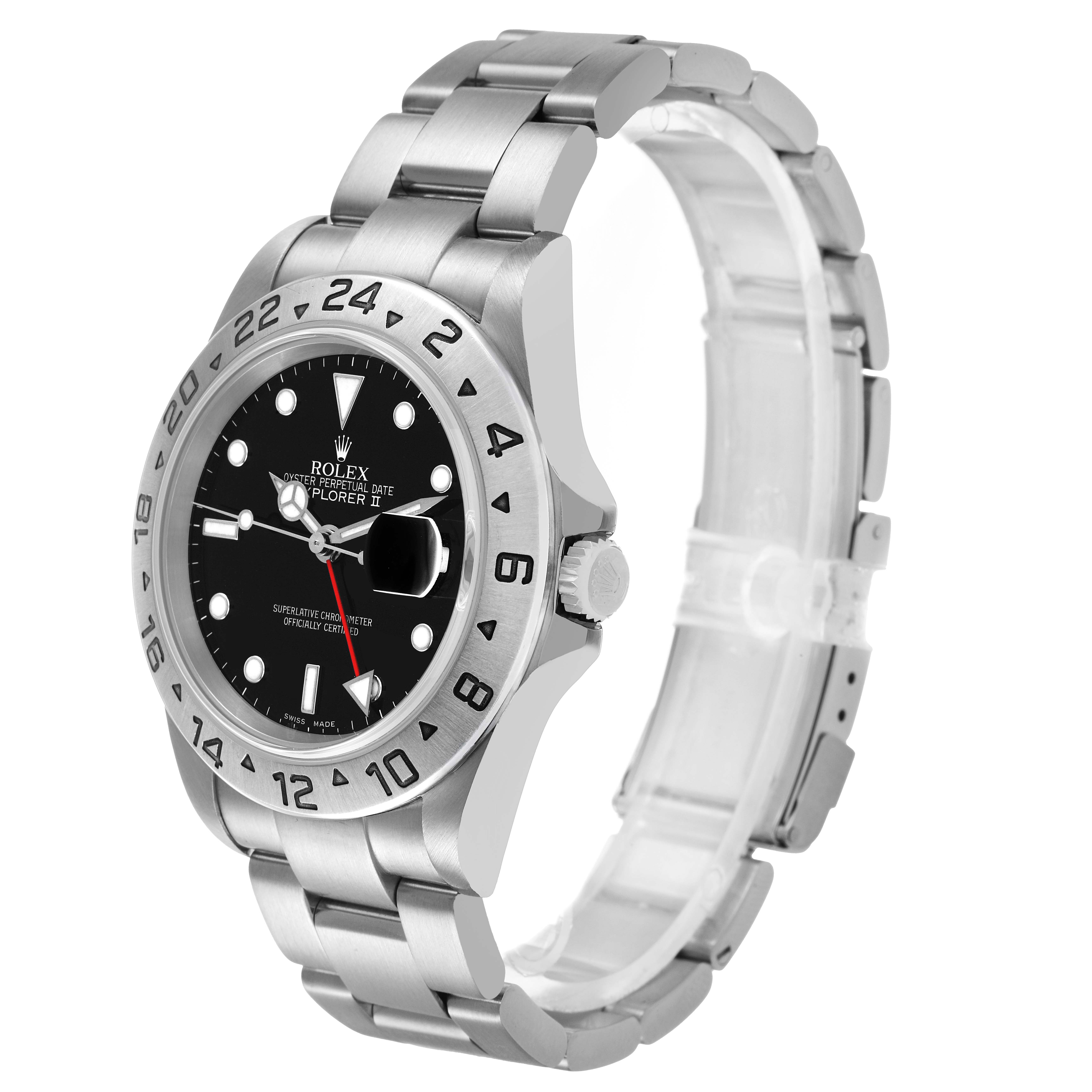 The Rolex Explorer 16570 Men's Stainless Steel Black Dial II watch is shown at a three-quarter angle, highlighting the face, bezel, crown, and bracelet links.