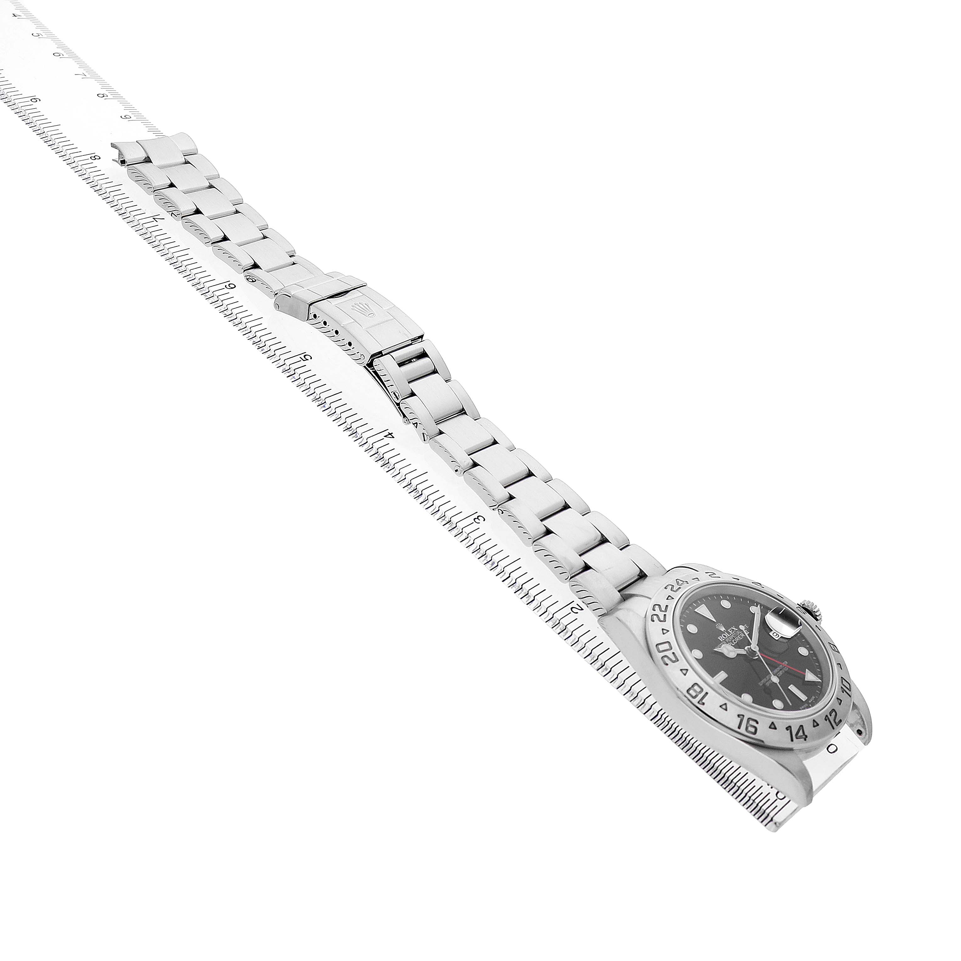 The Rolex Explorer 16570 Men's Stainless Steel Black Dial watch is shown from a side angle with focus on its bracelet and a partial view of the dial and bezel.
