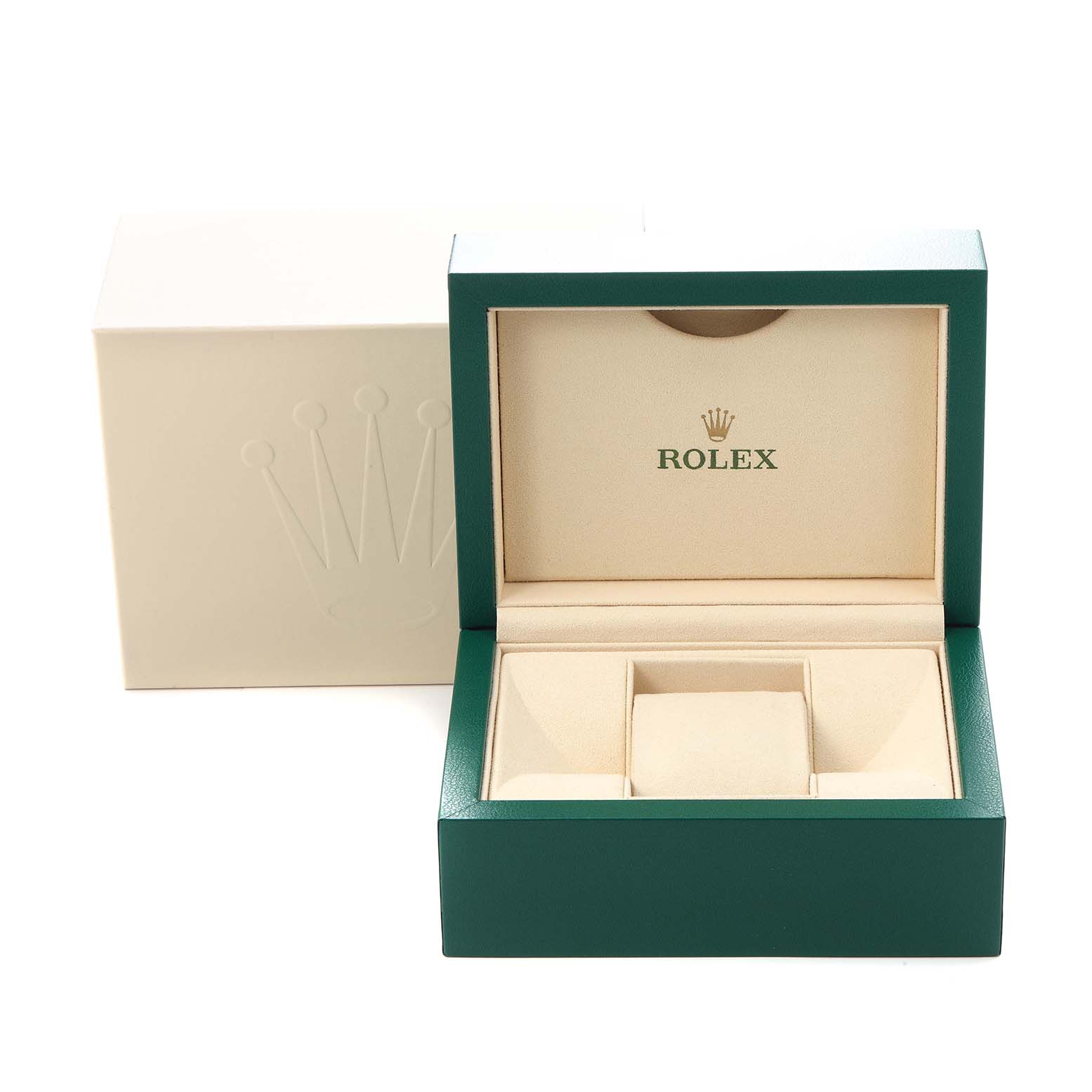 The image shows an open Rolex GMT-Master 126710 Men
s Stainless Steel Black Dial 126710 Men
s Stainless Steel Black Dial watch box, featuring the inner cushions and the Rolex logo.