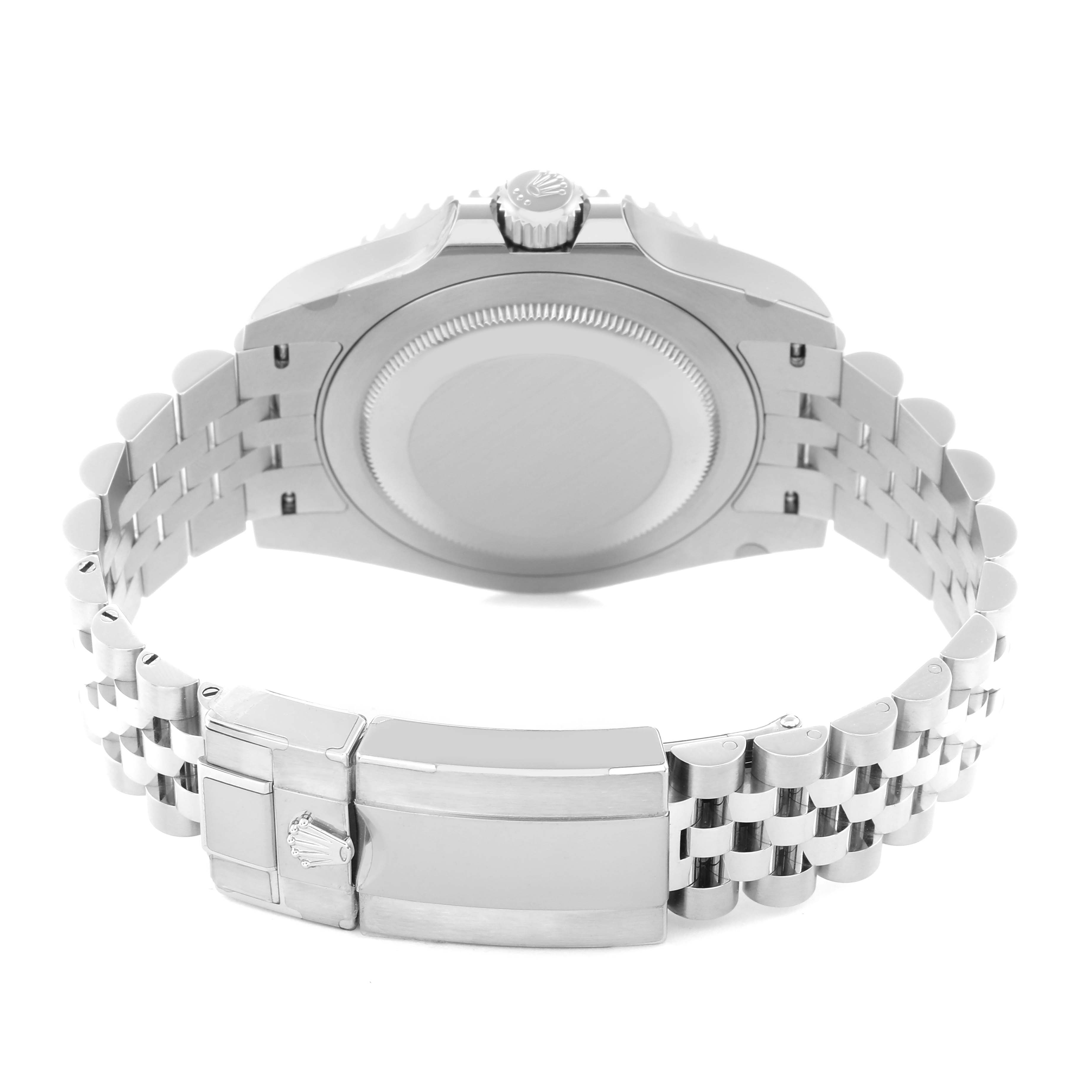 The image shows the back view of a Rolex GMT-Master 126710 Men
s Stainless Steel Black Dial 126710 Men
s Stainless Steel Black Dial, highlighting its case back, crown, and bracelet clasp.