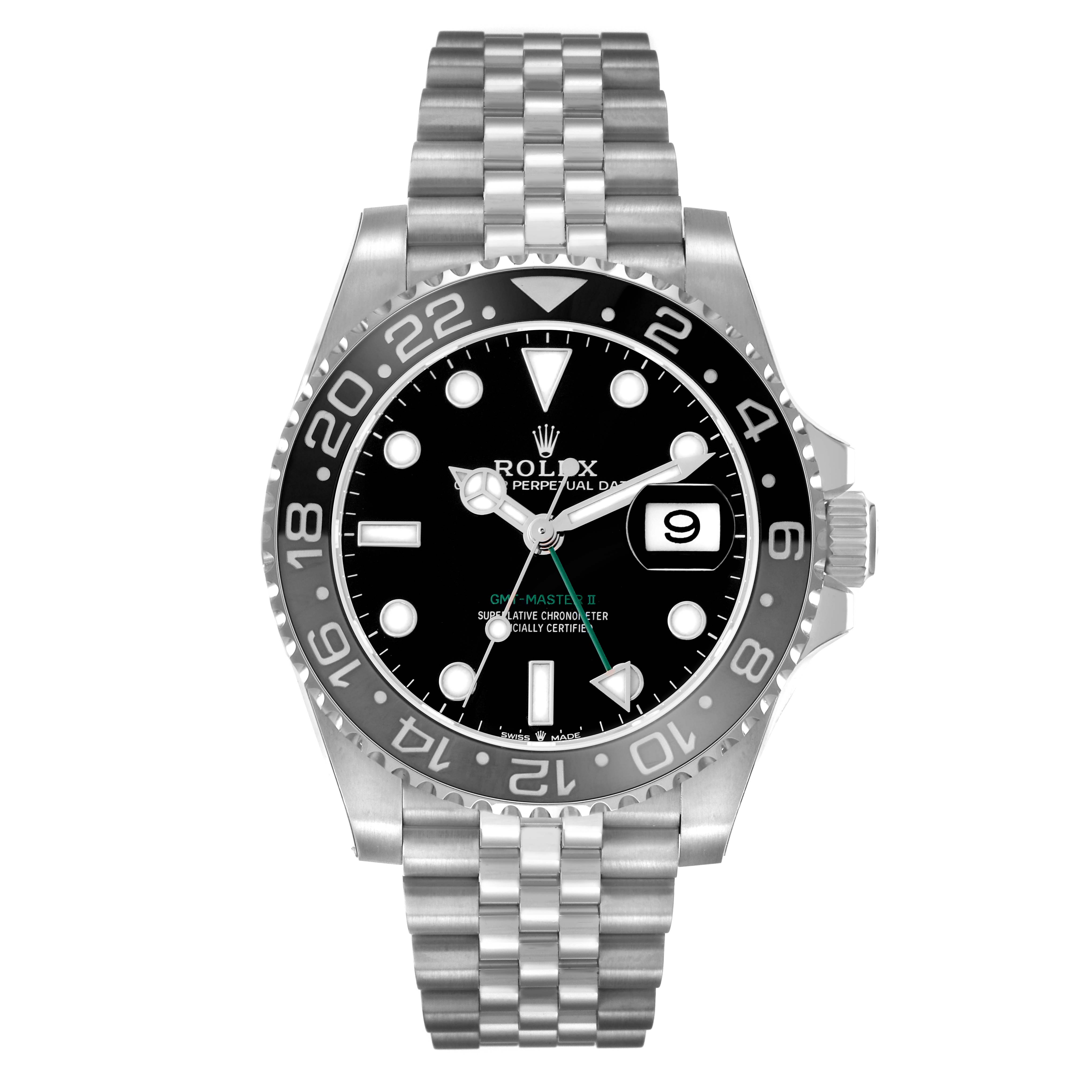 The Rolex GMT-Master 126710 Men
s Stainless Steel Black Dial 126710 Men
s Stainless Steel Black Dial watch is shown from a frontal angle, displaying the face, bezel, and bracelet.