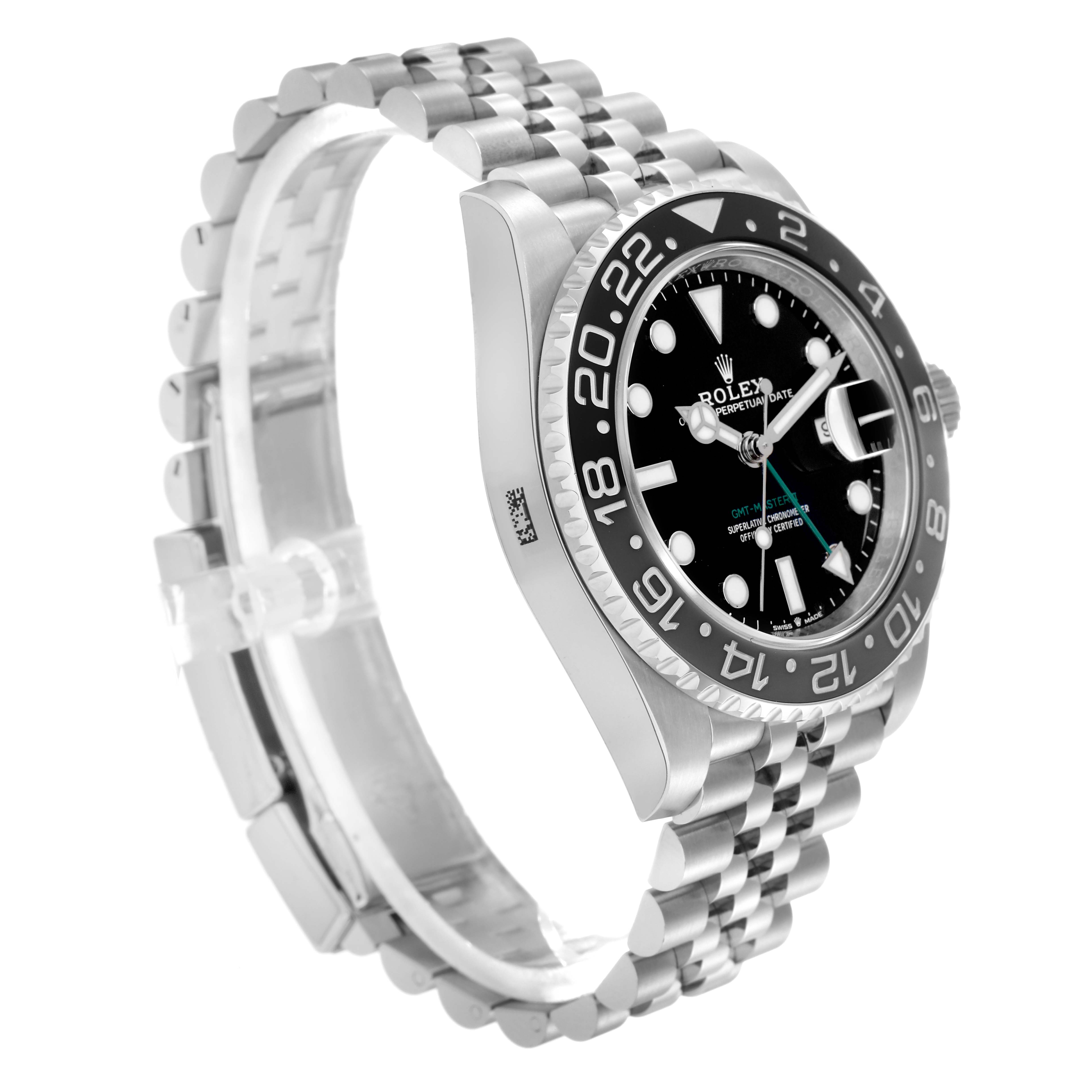 The Rolex GMT-Master 126710 Men
s Stainless Steel Black Dial 126710 Men
s Stainless Steel Black Dial is shown at a side angle, highlighting the bezel, dial, and Jubilee bracelet.