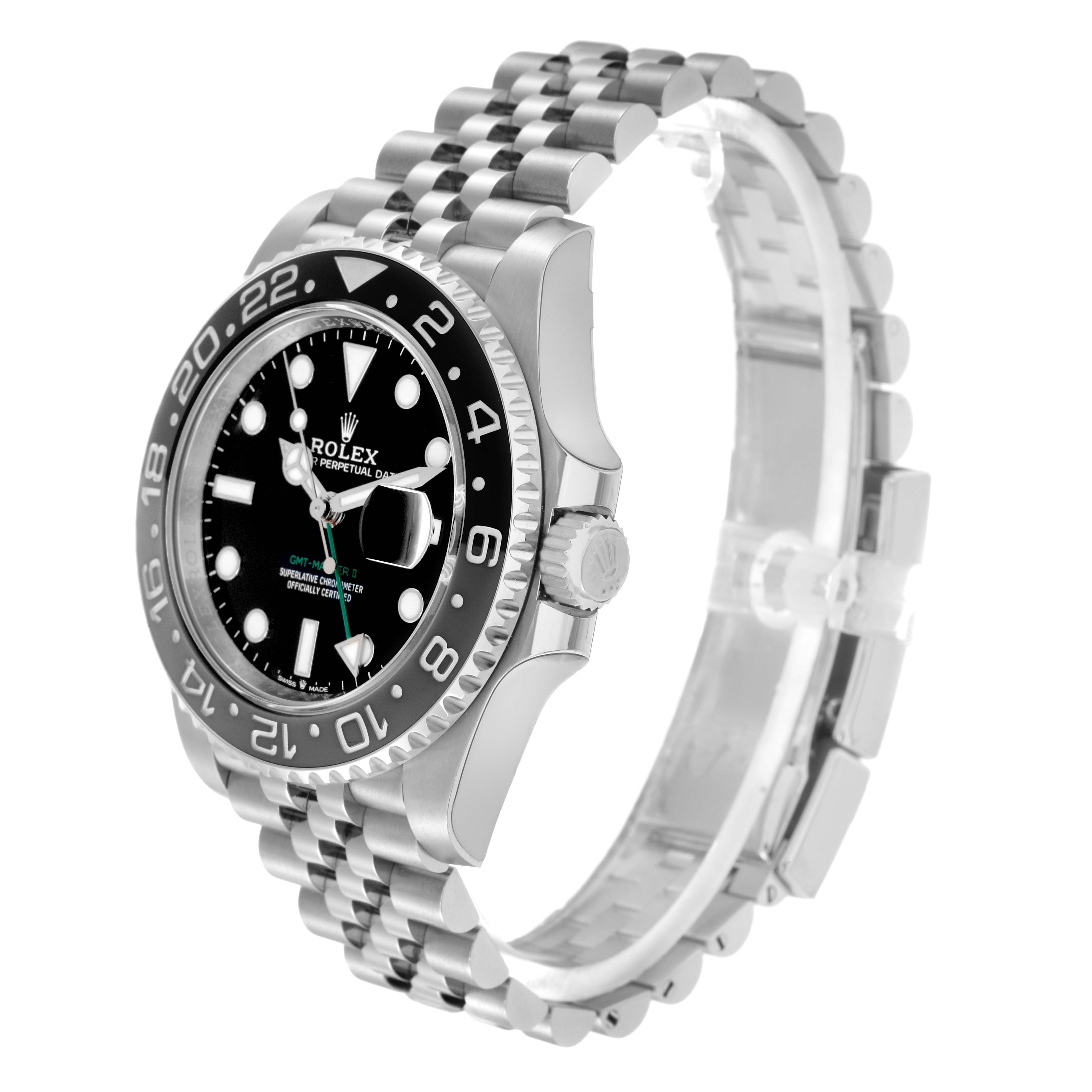 The Rolex GMT-Master 126710 Men
s Stainless Steel Black Dial 126710 Men
s Stainless Steel Black Dial is shown at an angled view highlighting the bezel, face, and bracelet.