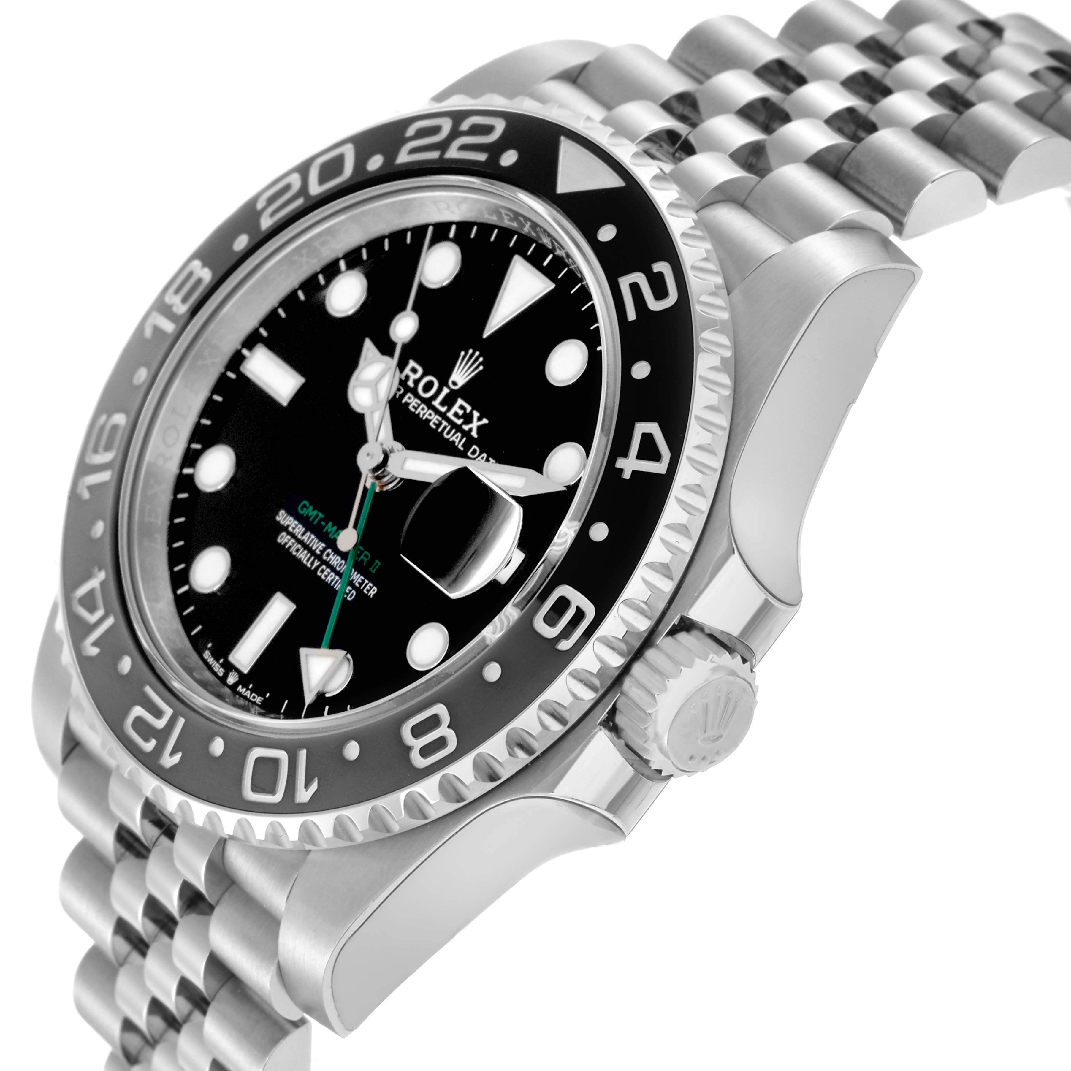 The Rolex GMT-Master 126710 Men
s Stainless Steel Black Dial 126710 Men
s Stainless Steel Black Dial watch is shown from a side angle, highlighting the bezel, crown, and part of the bracelet.