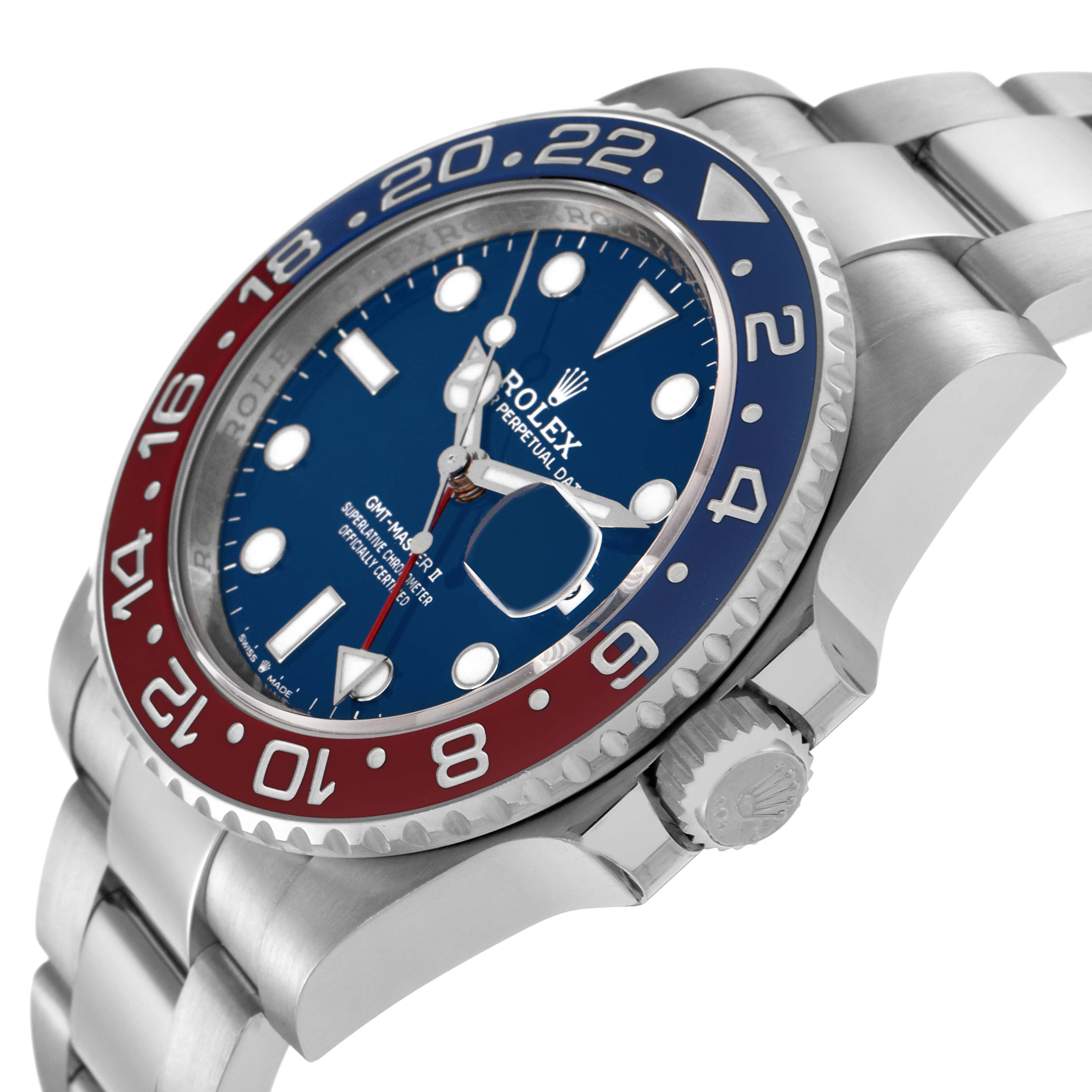 The Rolex GMT-Master 126719 Men
s White Gold Blue Dial 126719 Men
s White Gold Blue Dial is shown from a side angle, displaying the bezel, dial, crown, and part of the bracelet.