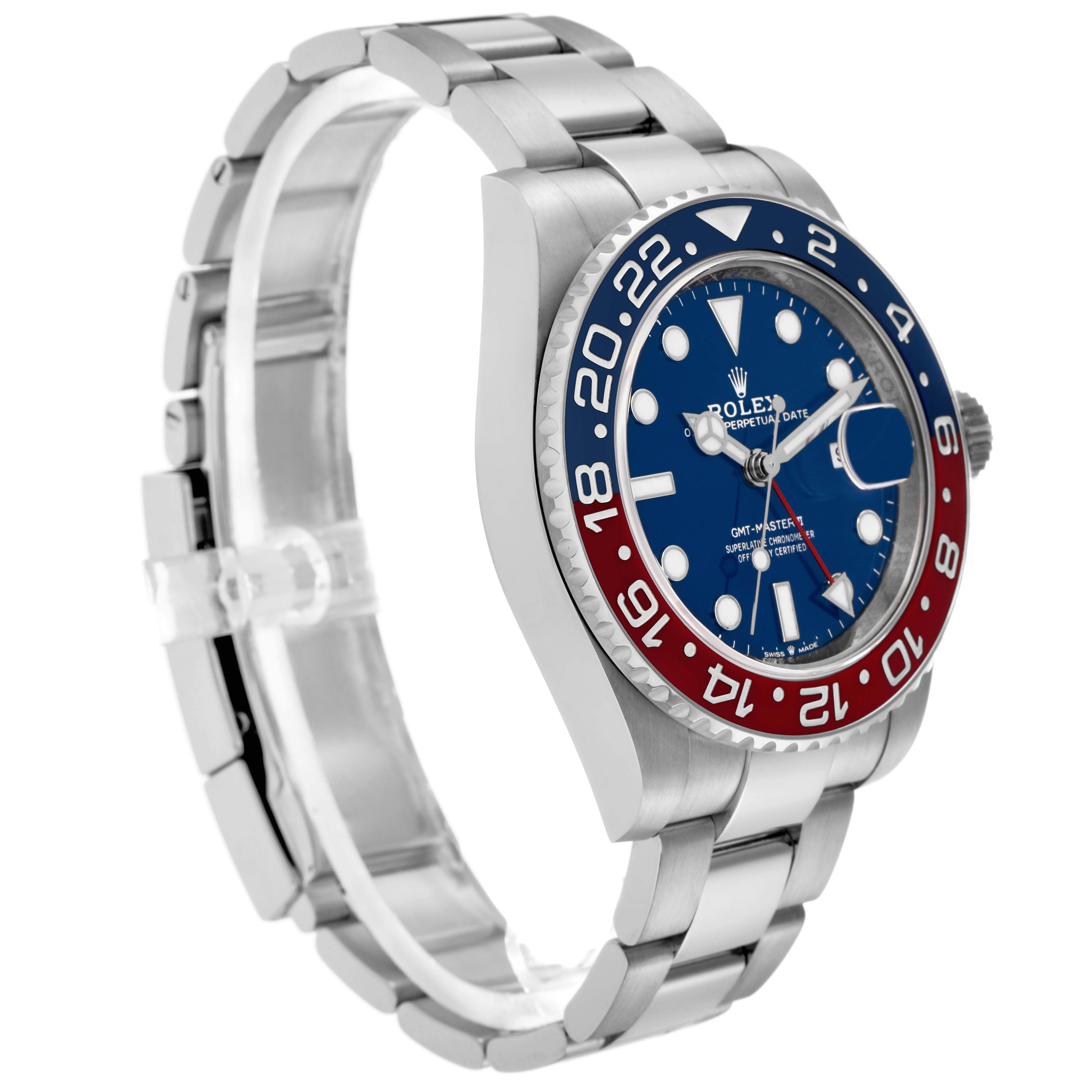 The Rolex GMT-Master 126719 Men
s White Gold Blue Dial 126719 Men
s White Gold Blue Dial watch is shown at a three-quarter angle, displaying the blue and red bezel, blue dial, and stainless steel bracelet.