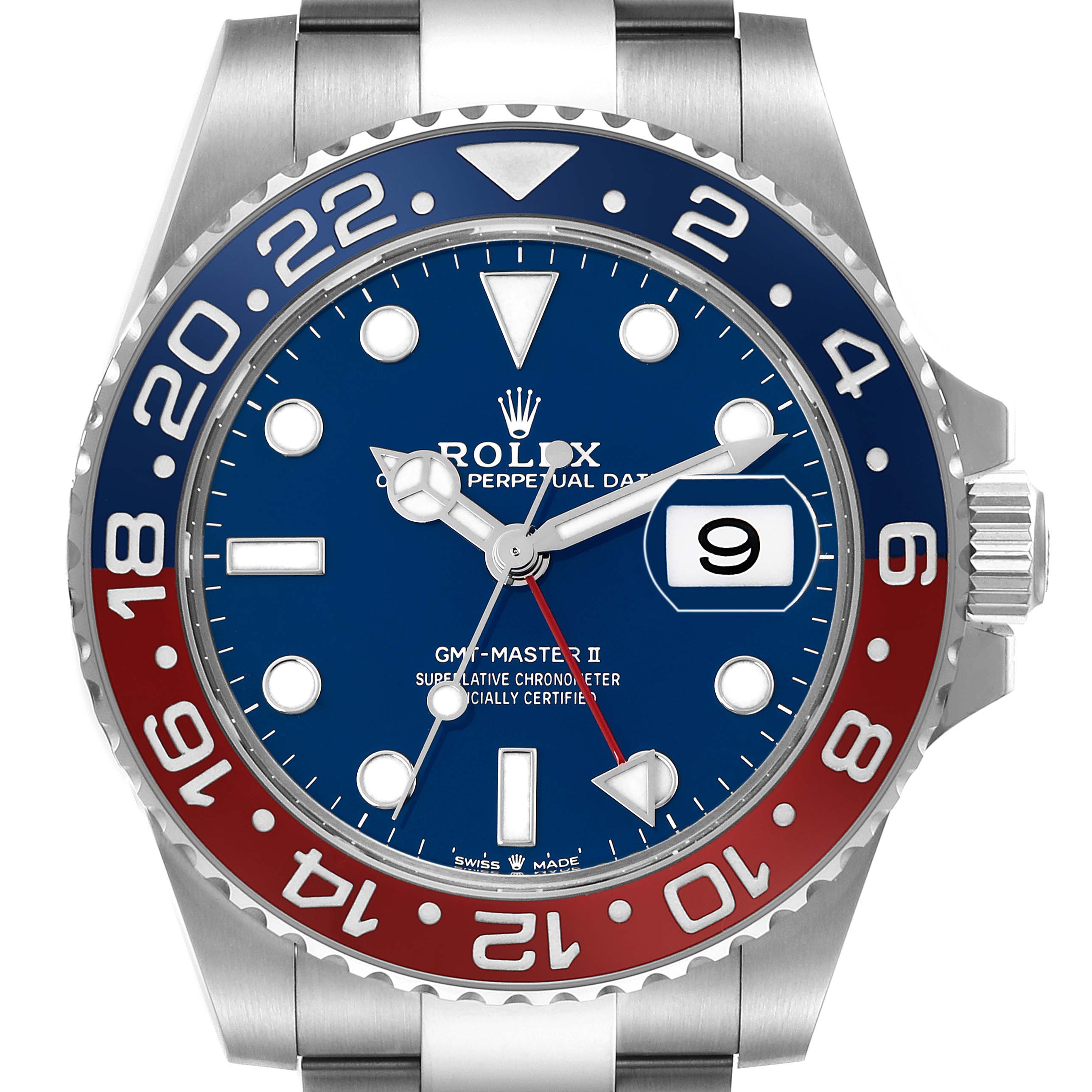 The Rolex GMT-Master 126719 Men
s White Gold Blue Dial 126719 Men
s White Gold Blue Dial watch is shown from the front, highlighting its blue and red bezel, dial, and date window.