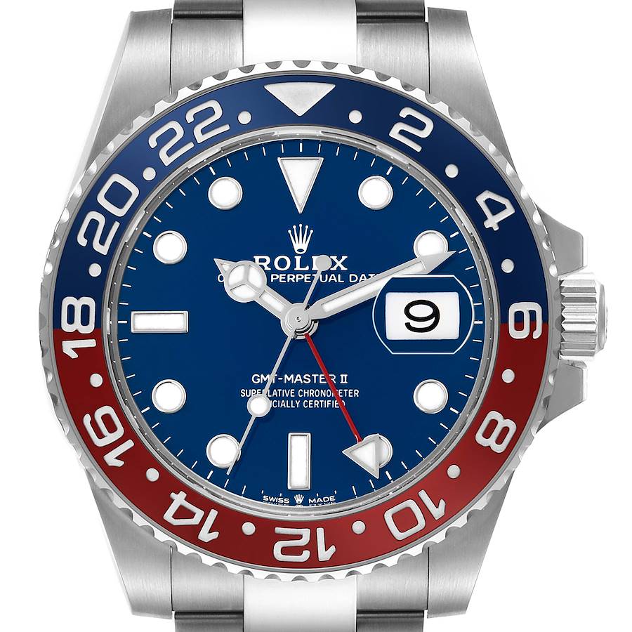 The Rolex GMT-Master watch is shown from the front, highlighting its blue and red bezel, dial, and date window.