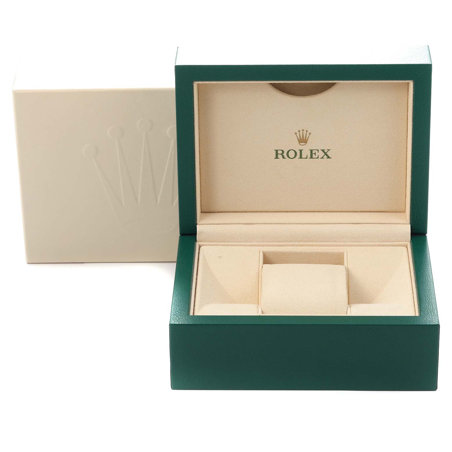 The image shows a Rolex GMT-Master 126719 Men
s White Gold Blue Dial 126719 Men
s White Gold Blue Dial watch box, open, from the front angle, with the Rolex logo inside.