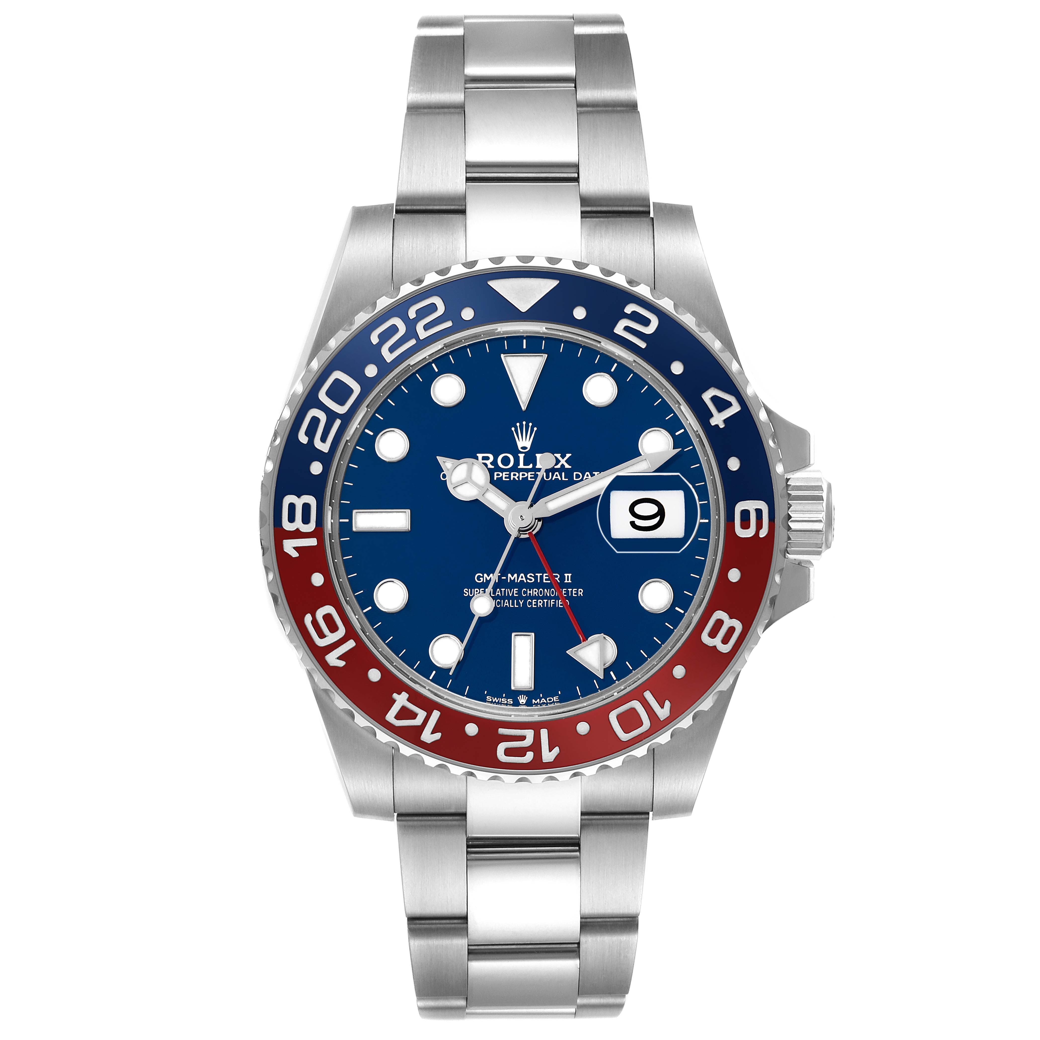 The image shows a Rolex GMT-Master 126719 Men
s White Gold Blue Dial 126719 Men
s White Gold Blue Dial watch from a front angle, highlighting its bezel, dial, bracelet, and crown.
