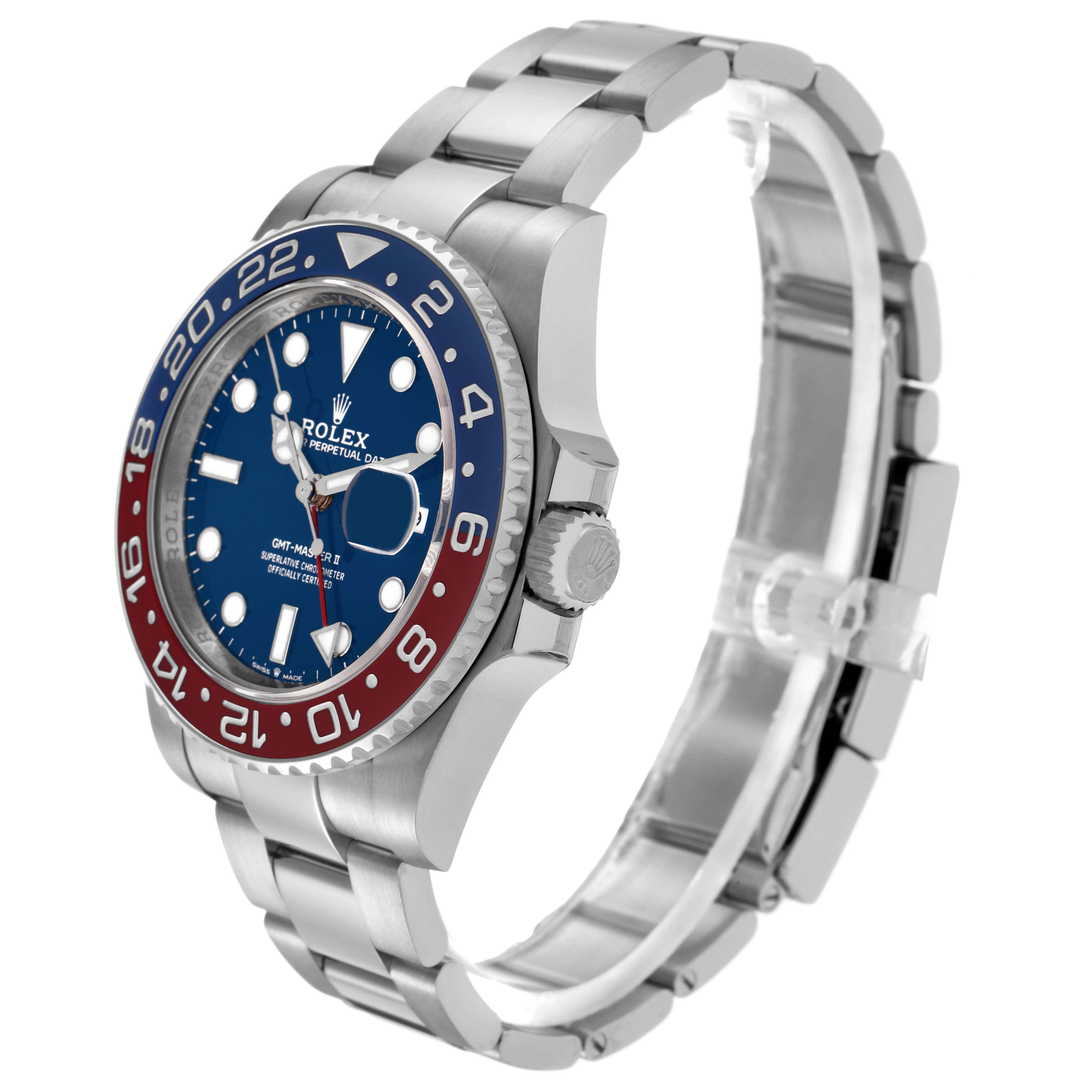 The Rolex GMT-Master 126719 Men
s White Gold Blue Dial 126719 Men
s White Gold Blue Dial watch is shown at an angled view, highlighting the bezel, dial, and bracelet.